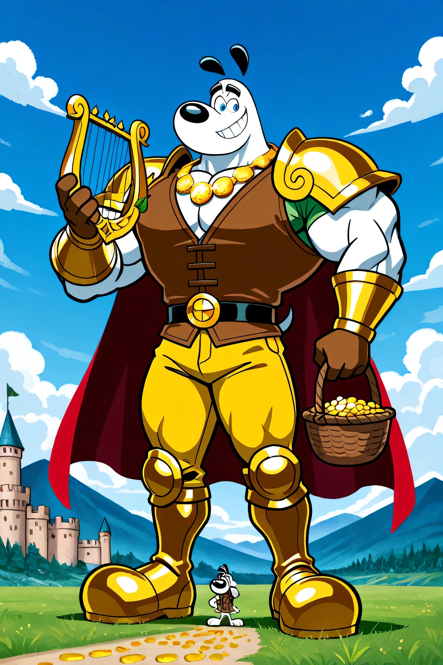 A Giant muscular dudley puppy (T.U.F.F Puppy), white dog, gigantic chin, cartoon 2d style, saturaded colors, giant size, macro size, full body, gigantic muscular body, giant castle background, Masterpiece, best quality, high quality, detailed, Dudley Puppy, male, solo male, 1boy, broad shoulders, mature male, blue eyes, athletic build, muscular male, black ears, black eyebrows, animal ears, white body, big eyebrows, powerful smile expression, giant size, macro size, 50-foot size, a light green shirt with long sleeves, brown vest with bottoms, round snout, full body, ripped dark yellow pants, black and gold belt, golden necklaces with colorful jewels, bigger brown gloves, golden bracelets with colorful jewels, wearing a ripped very long dark red cape, bigger golden shoulder pads, golden armor, big feets, bigger brown wrestler boots, outdoors, looking at viewer, powerful smiling, macro size, 50-foot size, giant size, 60 feet tall size, holding a basket of golden eggs coins colorful jewels diamonds and a golden harp, blue sky background, beanstalk plant in behind, a macro big castle background, clouds background, clouds behind, floor, gigantic footprints boots on the grass, mountains behind, fairytale fantasy scene, jack and the beanstalk story, beanstalk behind.