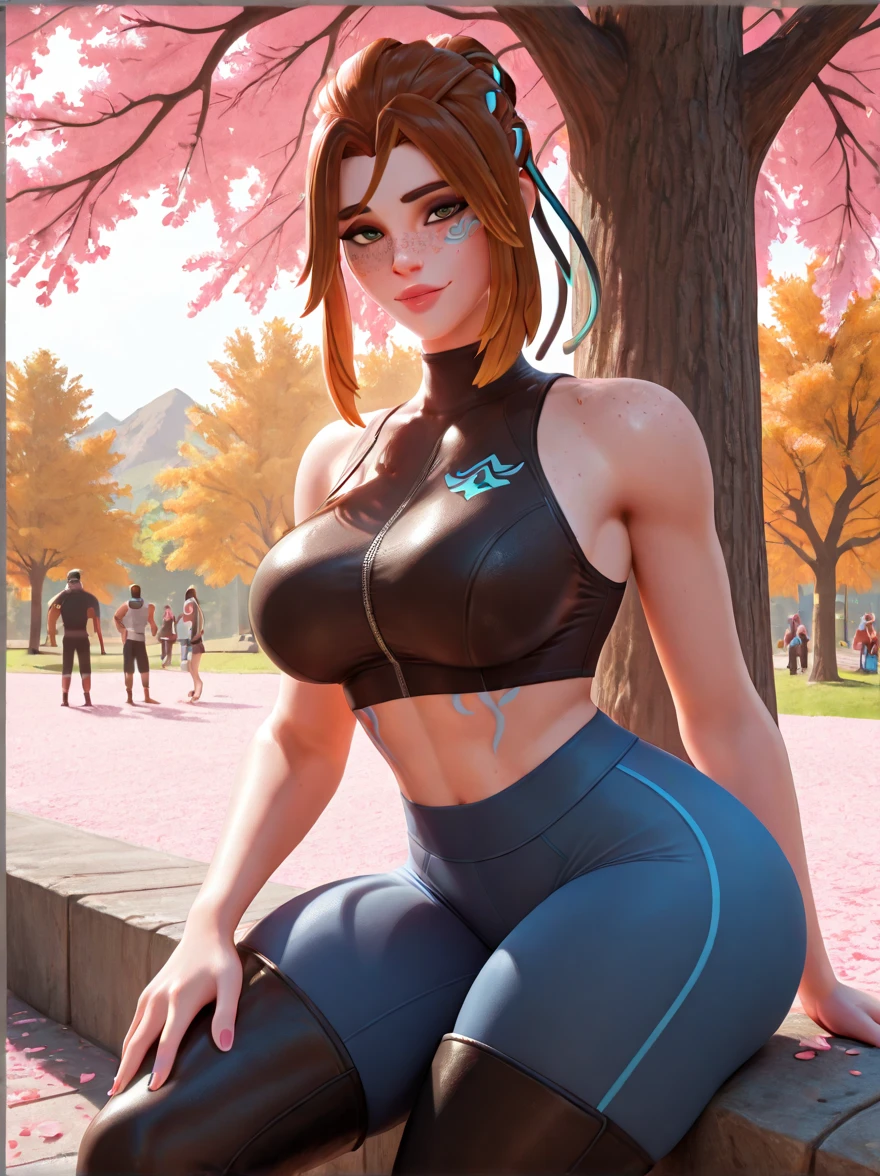 score_9, score_8_up, score_7_up, gwentd, 1girl, solo, two-tone hair, lipstick, makeup, black choker, cleavage, park, shorts, tank top, stretching, sweat, depth of field, brown shorts, blue tank top, 3d,
