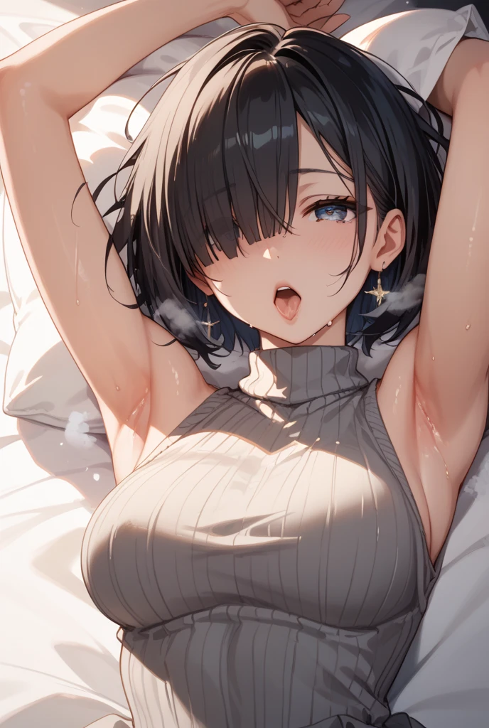 (((blurry background))), Masterpiece, top quality, high resolution, solo, big breasts, indoors, yoga pants, (reach: 1.2), lying down, from above, open arms, smile, bed, black bra, heavy breathing, sexual expression invite, spread legs,
