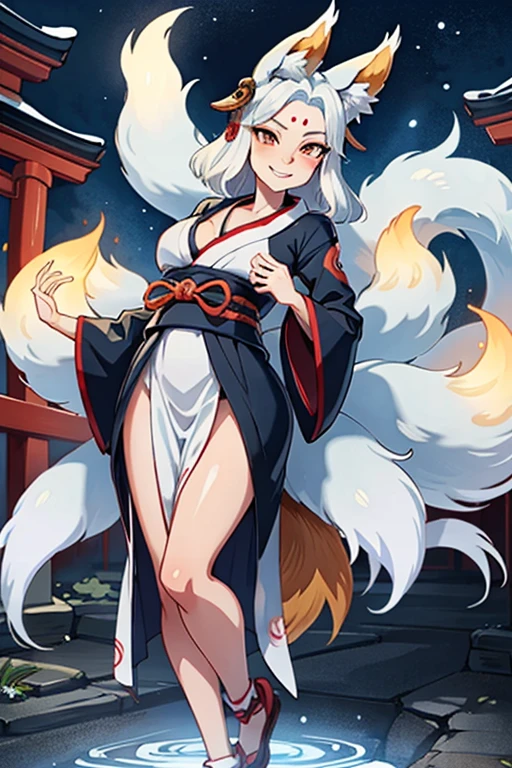 Highest quality, Highest quality, by bang bang, High quality illustrations, masterpiece)(kemono, furの擬人化, alone), round, woman, Fox, Phoenix, (Fortnite), fur, tail, Wide Hips, Big Breasts, Yellow sclera eyes, Body movements, Miko costume, 露出したwoman器