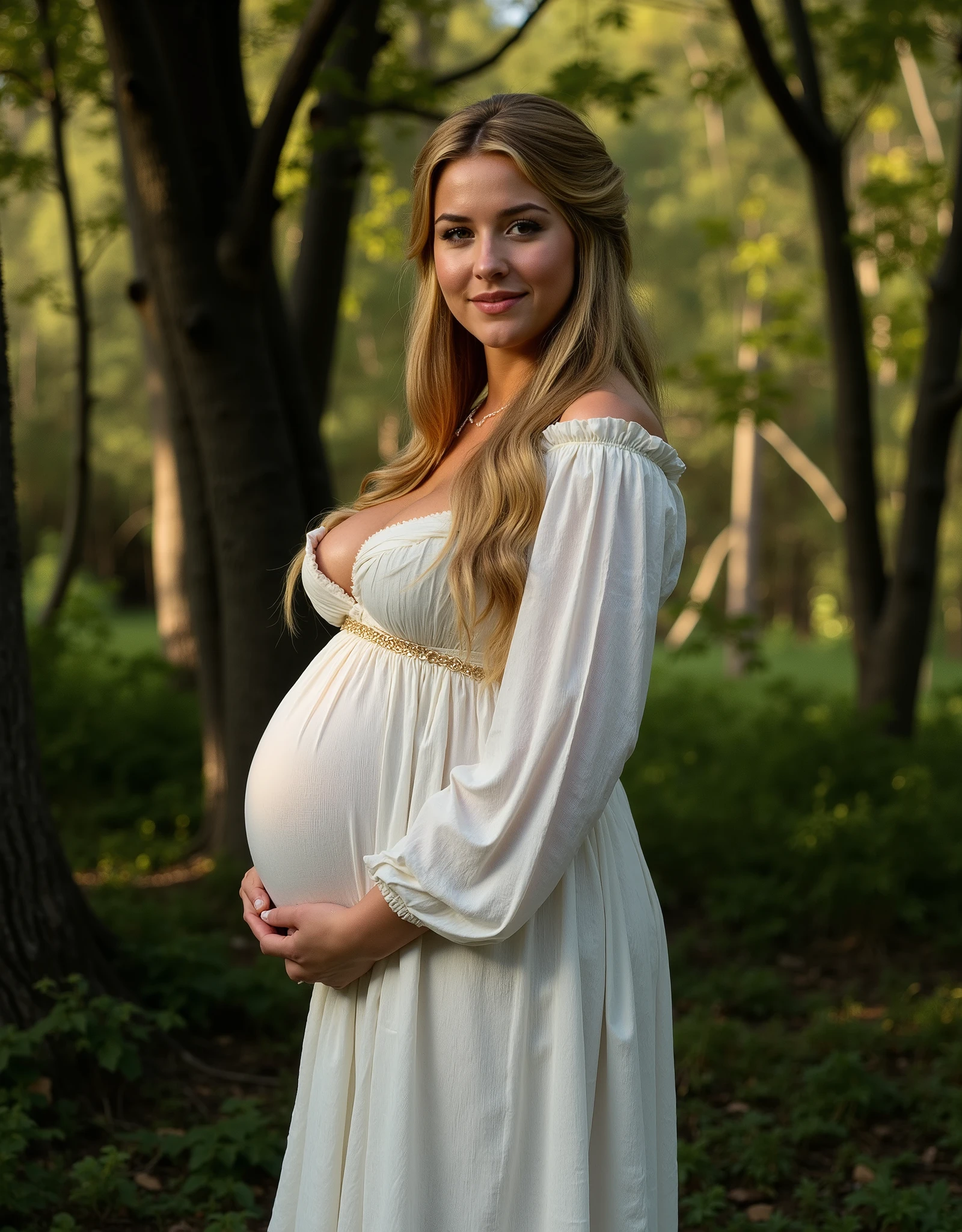 beautiful blonde woman wearing a long dress and being pregnant