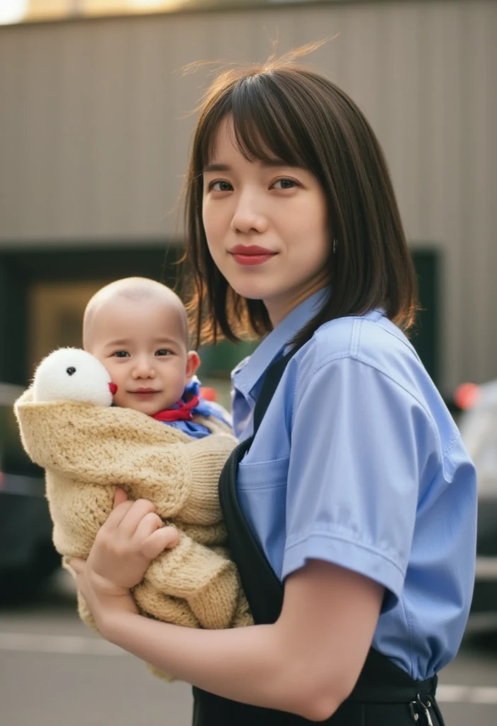 Eun woo, carrying her newborn baby.