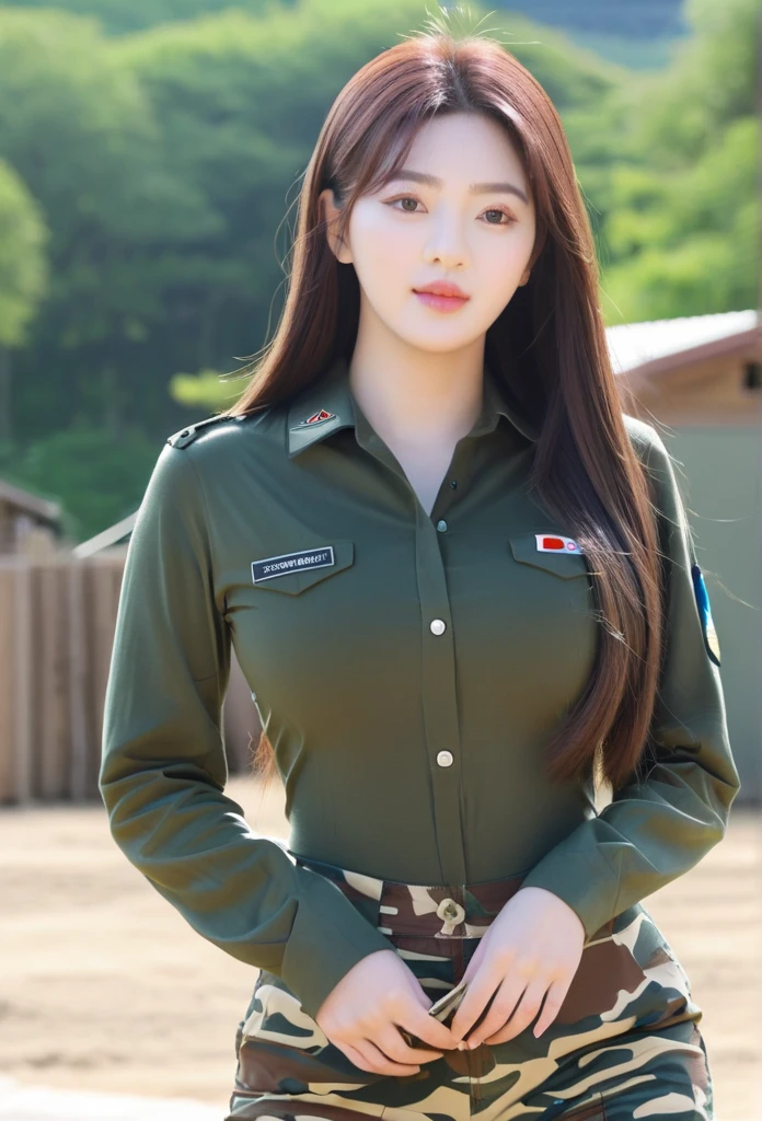 ｟camouflage uniform｠、Female Self-Defense Force member、Riding in a tank、(​masterpiece、top-quality) 、absolutely outstanding image, very extremely beautiful、​masterpiece, top-quality,a picture, kawaii、(Colossal tits:1.2)、((20 year old woman:1.2))、Young adorable Japan face,8K,japanaese girl、realisitic
