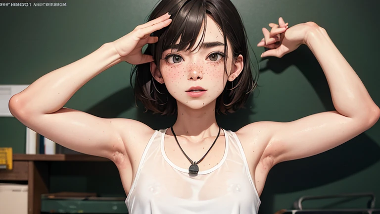 (great joy:1.5, jumping with joy:1.5, smile), (9-year-old girl:1.5, Very slim:1.5, Very thin arms:1.5, Very short hair, Armpit hair), (Tabletop:1.3), (8k, Realistic, RAW Photos, Highest quality: 1.4), (Shortcuts:1.3), ((Cute type, Big eyes, Droopy eyes, please stretch your arms:1.3)), (Real Skin), Beautiful Skin, 超High resolution, Ultra-realistic, High resolution, (夜のAthletics場, Athletics:1.5), Athletics