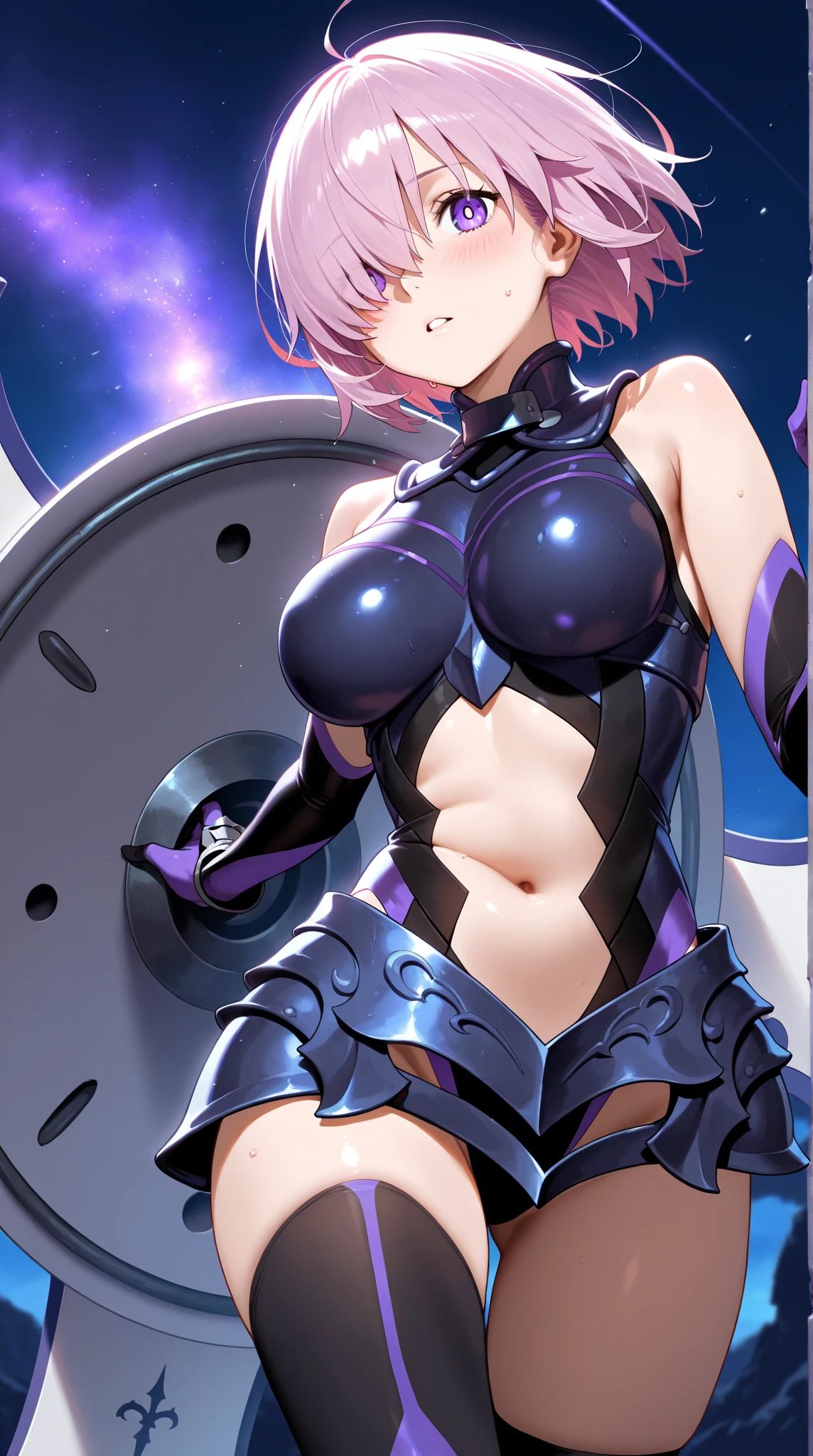 nsfw,score_9, score_8_superior, score_7_superior, sauce_Anime BREAK 1 Girl, alone, View your viewers, Detailed Background, Mash Kyrielight, Pink Hair, Hair on one eye, Super big breasts, leotard, areola is exposed,belly button, Thigh straps, Elbow hand pockets, Cleavage, smile, (Outdoor, night, Dust, desert), From behind, Dynamic pose,Wet with sweat all over the body,zygote