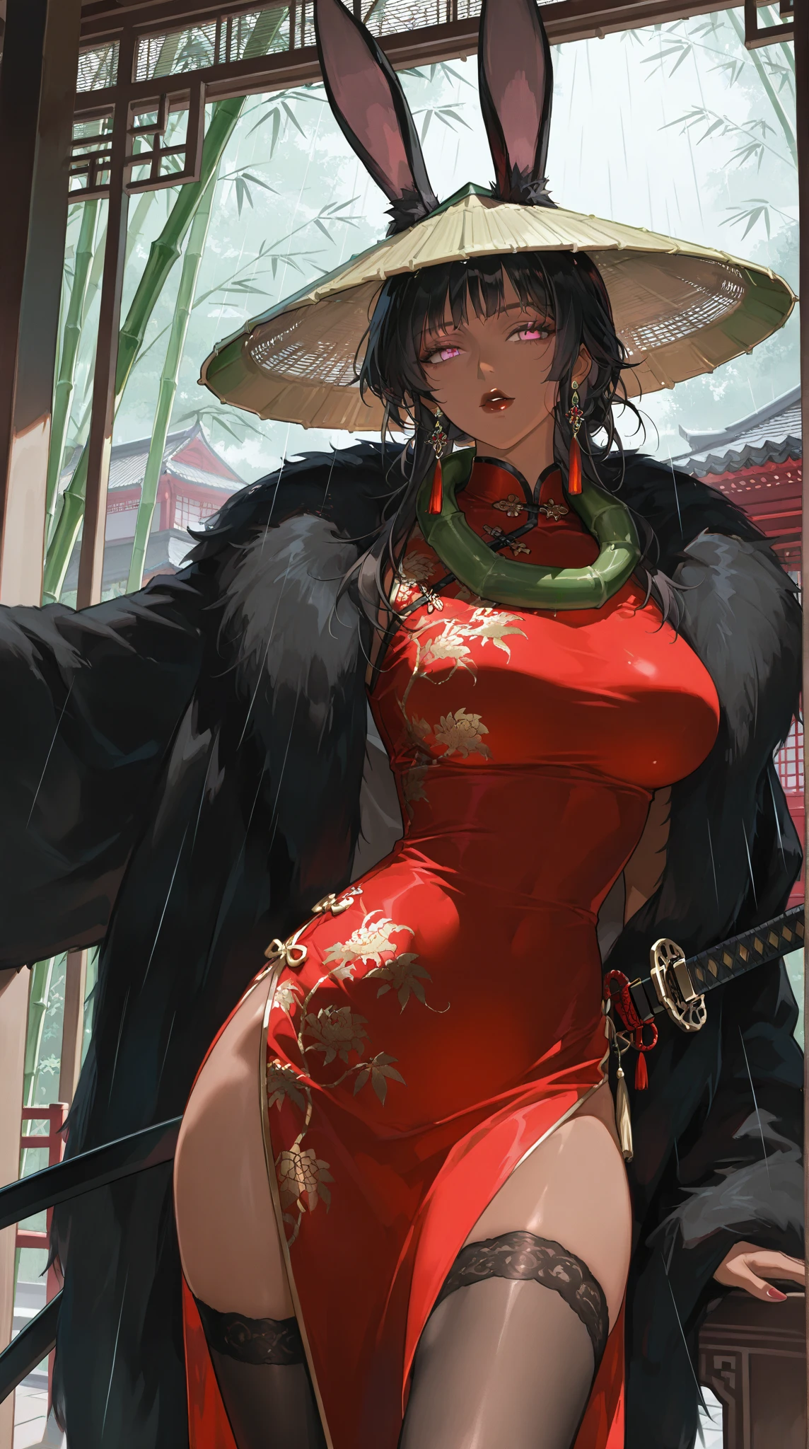 ((8K resolution))、((highest quality))、((masterpiece))、((Very detailed))((((dramatic))), (Anatomically correct)、The depth of the object to write、Looking at the camera、front、fortune teller、(kimono、Round sunglasses、lipstick、smoke tube、Bloody)、spooky、an  ominous、((theme、whole body:1.1)), background:Kowloon Walled City