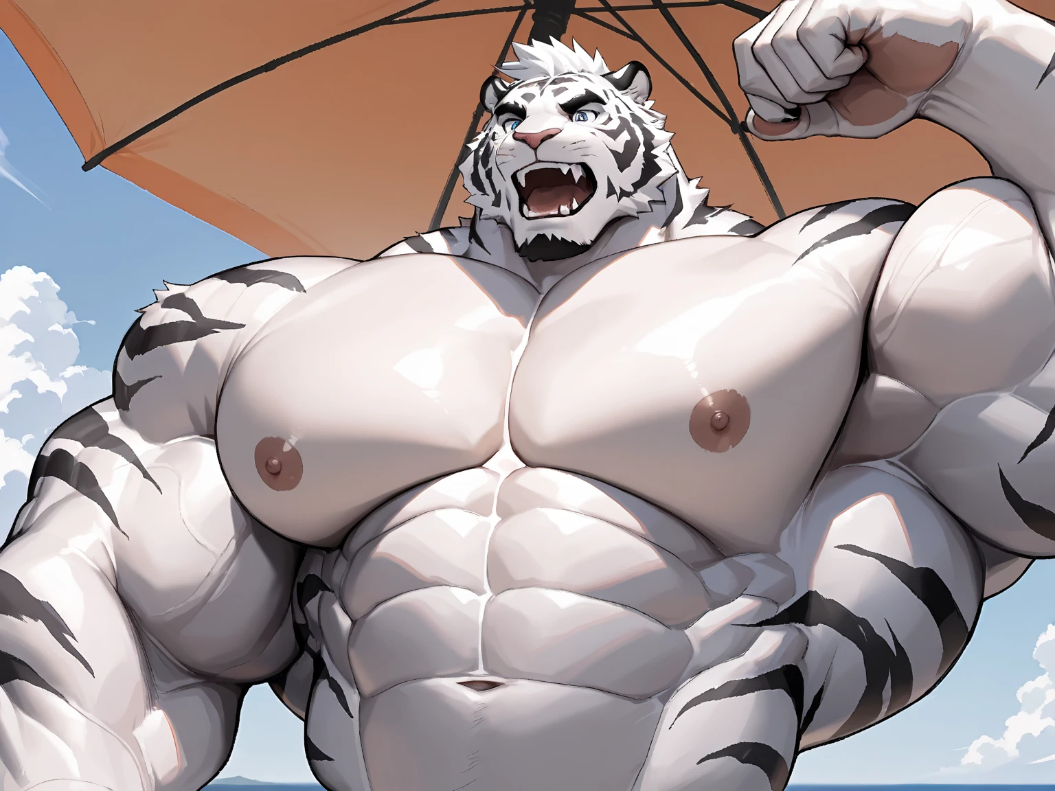 (evening ), 1volibear, 独奏, 看着观众, winter, smile,肌肉男,beard,middle-aged,white fundoshi,((open) black kimono),Chinese traditional clothes,close-up,lying in,stud earrings,nipple ring,sweat,drooling,blush sticker,wet, beach