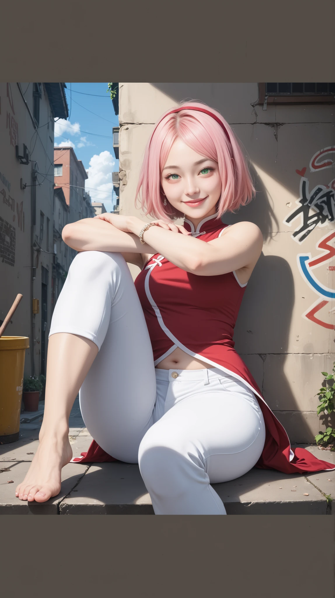 Sakura uchiha. A woman was sitting in the room. She was seen leaning against a sofa. He seemed to be wearing a red cedar with a very tight white stripe. So that the groove of his body would trace. Makes her breasts look so big and round. She seemed to cross her legs. With her right hand leaning against the sofa. And her left hand holds the head. She had short pink hair that dissolved not at her harness and looked so expanding. Her skin was as white as snow. Her cheeks were rosy red and her little red lips tantalizing. He looked into the camera. So pretty. sexy and realistic