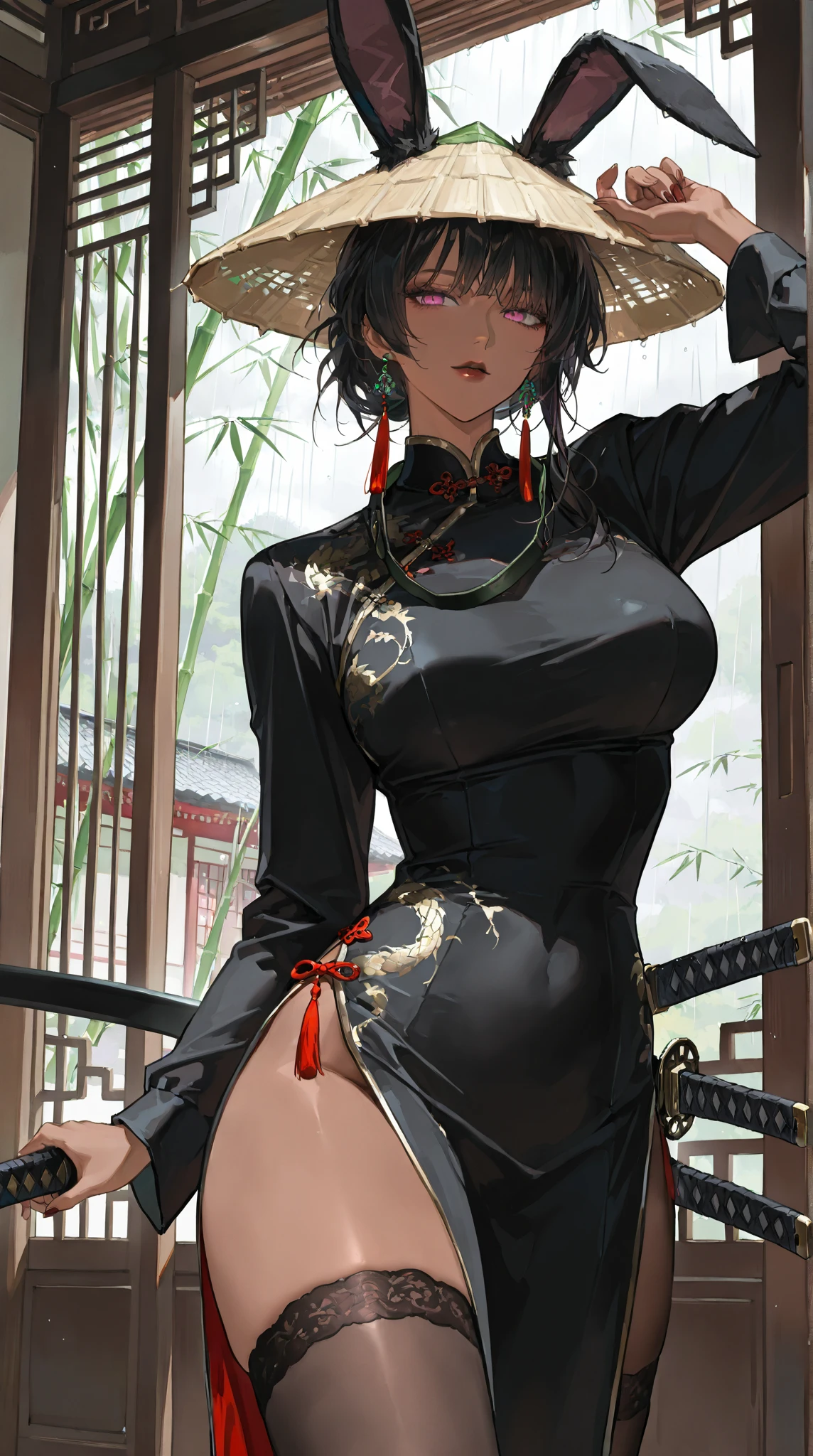 1 Girl, heroine, good looking, Splattered ink, Chinese Armor,( dark green Hair, updo, Floating Hair), Delicate eyes, (Antique black and green damask patterned Hanfu, sexy cleavage and figure), attractive pause, front view, (F1.8), (masterpiece, best quality, perfect anatomy, absolutely high resolution), (bamboo groove , Fluttering bamboo leaves Background), (Movie Posters), arms
