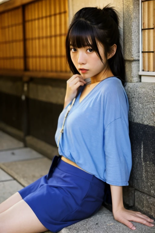 Young woman sitting on the ground with legs crossed, photo of Kiyomoto Torii, tumblr, Shinhanga, young gravure idol, young pretty gravure idol, young skinny gravure idol, realistic young gravure idol, young sensual gravure idol, youthful Japan girl