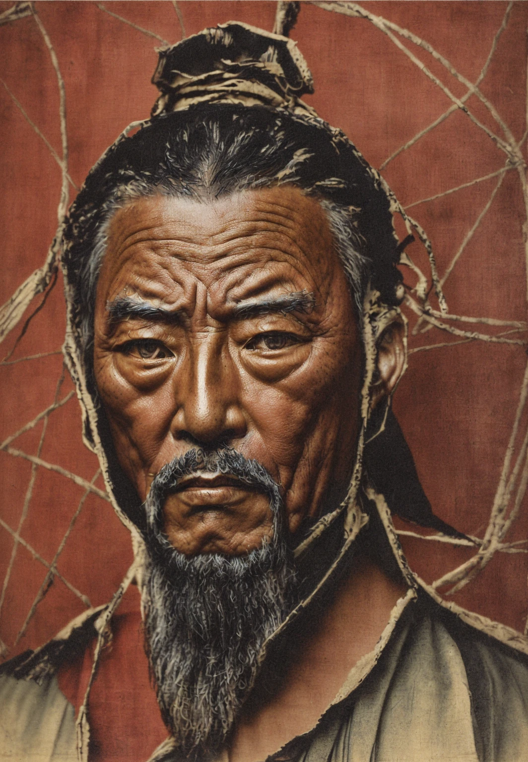 The portrait in black Chinese ink in stains and drips of a beautiful naked woman, with chains that imprison his legs. And with a melancholic appearance.