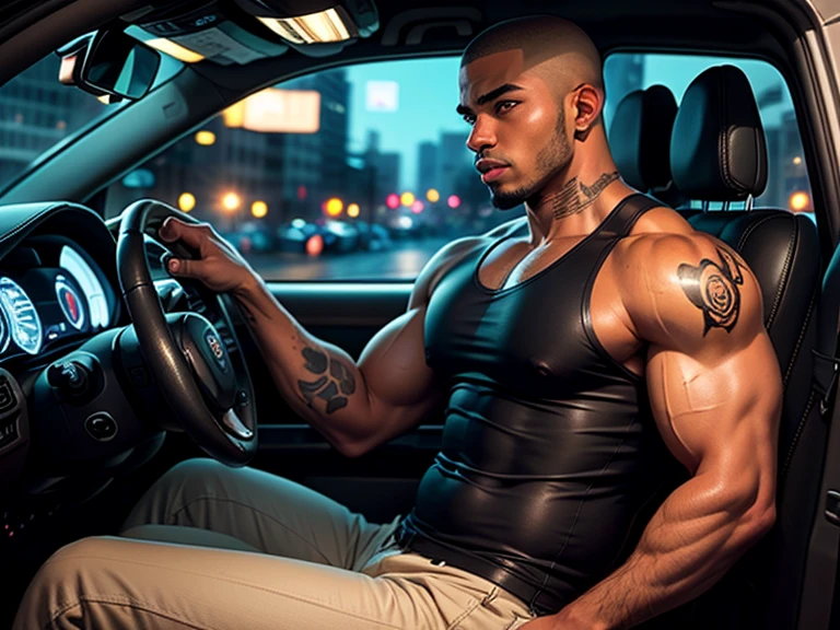 Sexy black man in black pants and no shirt. Fundo loja de carros.