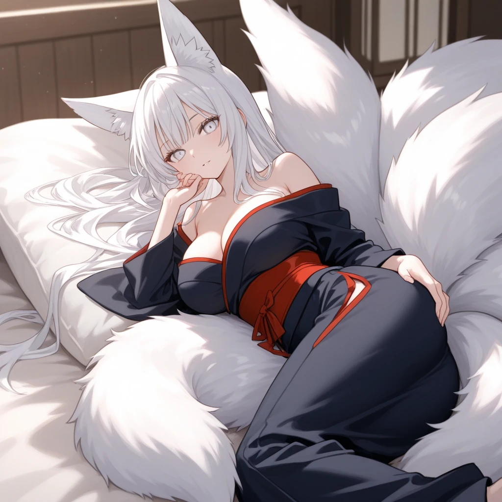 fox Girl, fox'Tail,A girl、 Open chest kimono,Long hair、Gentle、((((Maid Dress Up))))、external、grassland