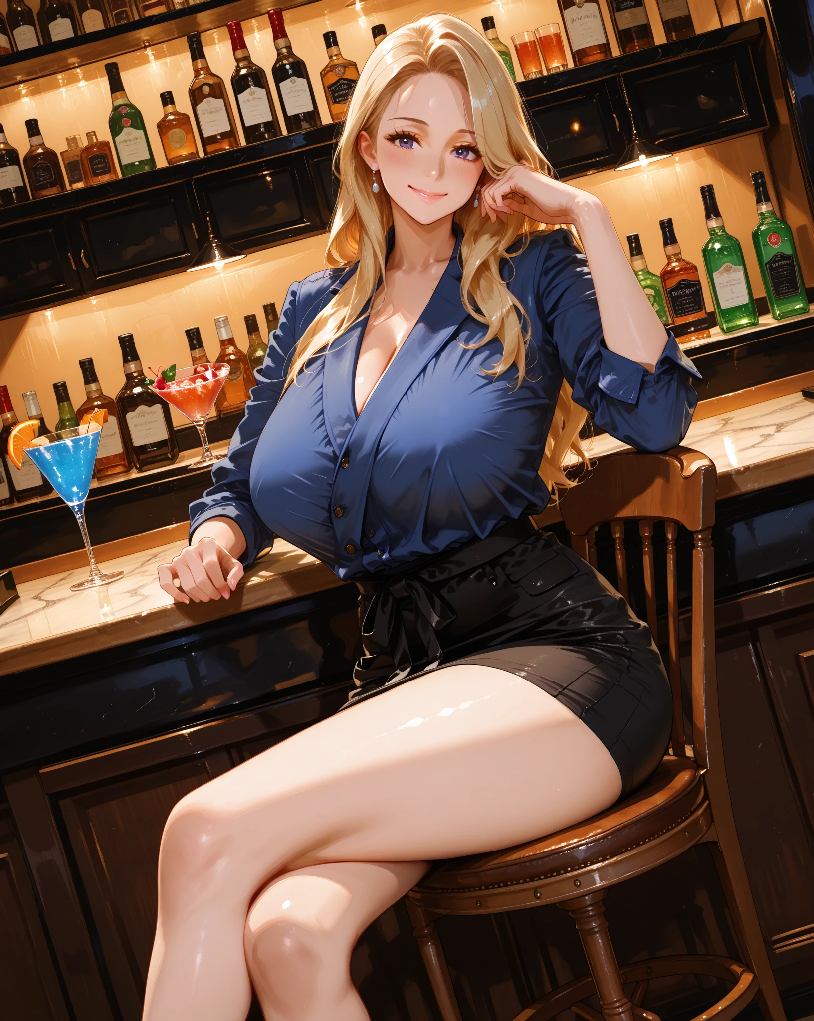 A teenage girl, blond hair with bangs and a ponytail, wearing blue lace lingerie and thigh high stockings. She has blue eyes and enormous breasts. She is smiling and partying in an Irish pub at night. She wears a bracelet, a choker and a necklace.