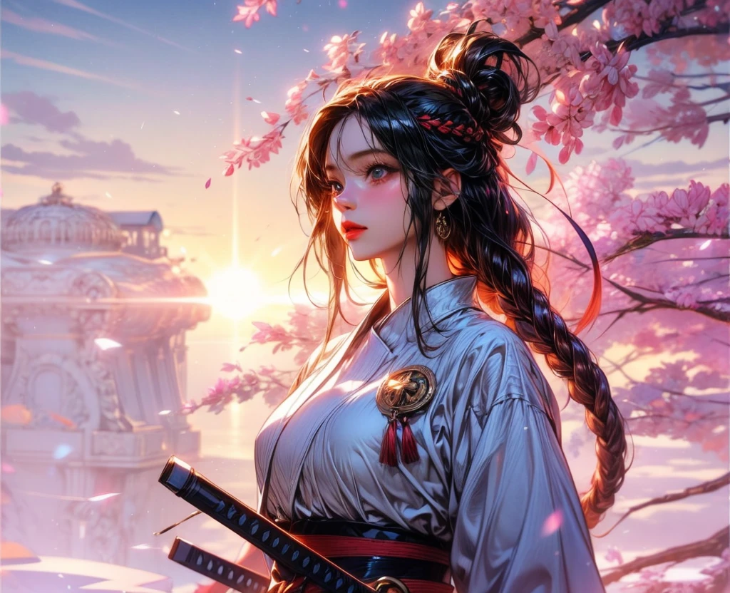 stunningly detailed illustration, good-looking girl, stunning piece of splash art, samurai with wearing katana and short katana, classical samurai armor, from below, from side, looking back, sharp looking, sharp slant up eyes, standing, clothed in fear and coercion and fear atmosphere, water paint on fountain-pen paint and oil paint coloring, intricate detailed art sun, beautiful detailed glow, (cherry blossom storm:1.4), (impeccable quality:1.3), highest quality, highly quality, best quality, extremely insane detail texture,