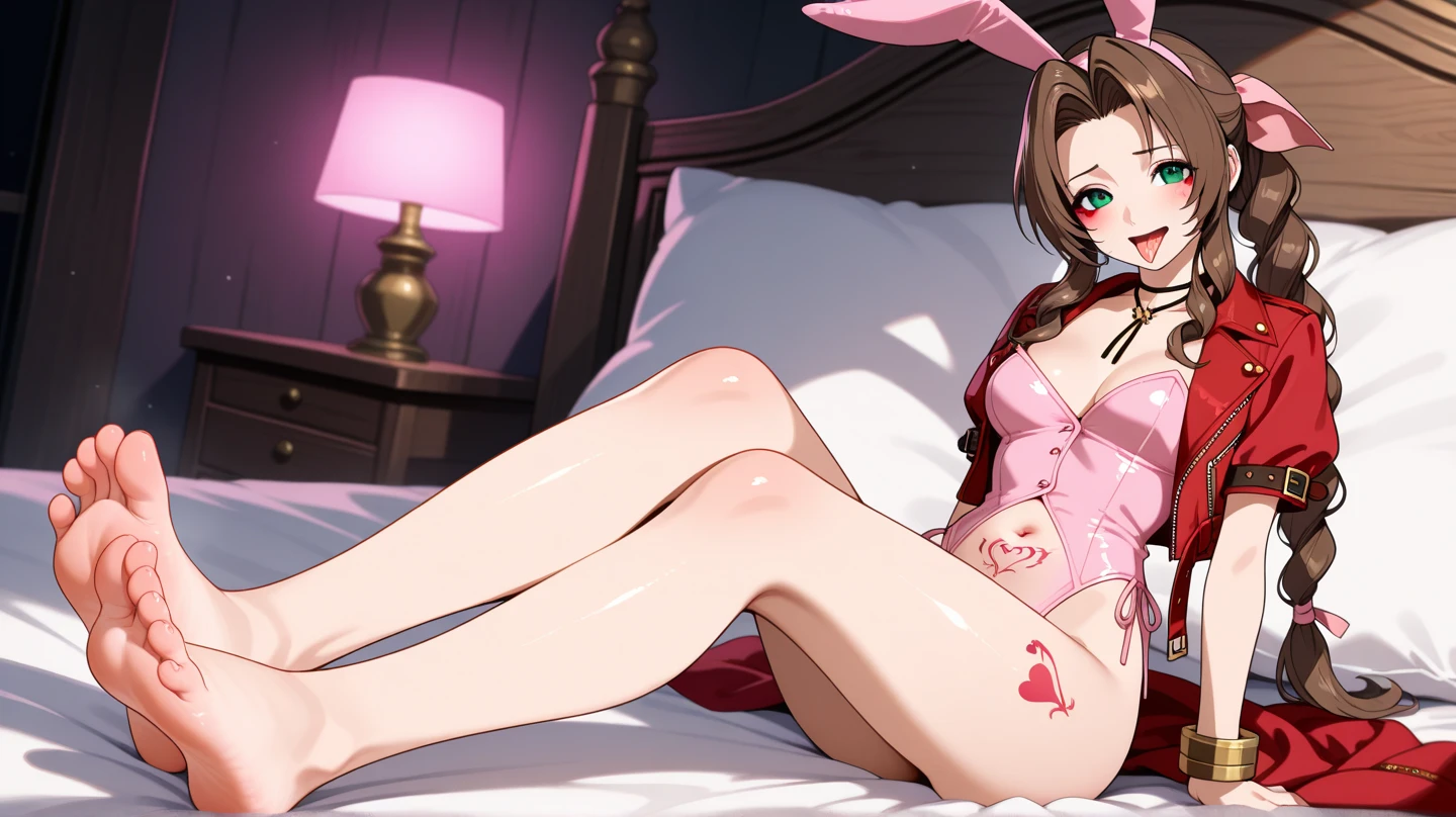 Amber Genshin Impact game style, 3D,sexy lingerie,resting on stomach,horny,looking at viewer 