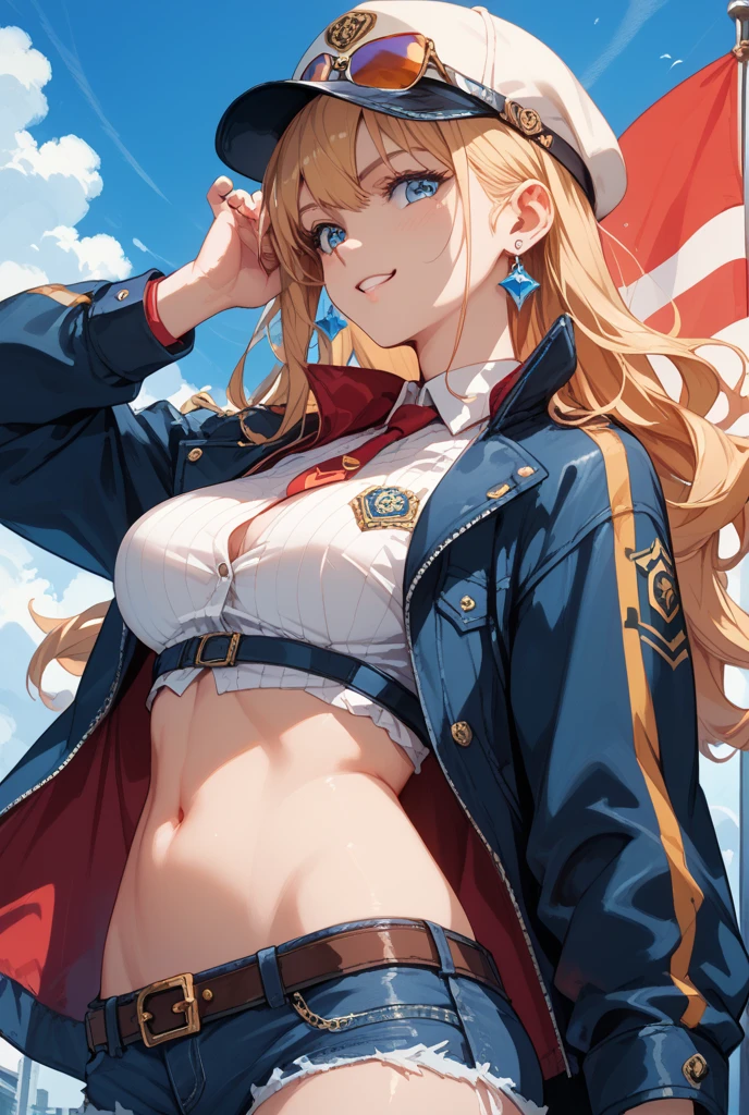 Masterpiece, 1 girl, Solo, Best quality, A high resolution, Blonde hair, ahoge, Blue eyes, american flag bikini, mini plaid skirt, Collar, bikini top only, Smile, Cowboy shot, hand on hips, desert background, white thighhighs, Large breasts, cleavage, Open jacket, sleeves past wrists, cowboy hat