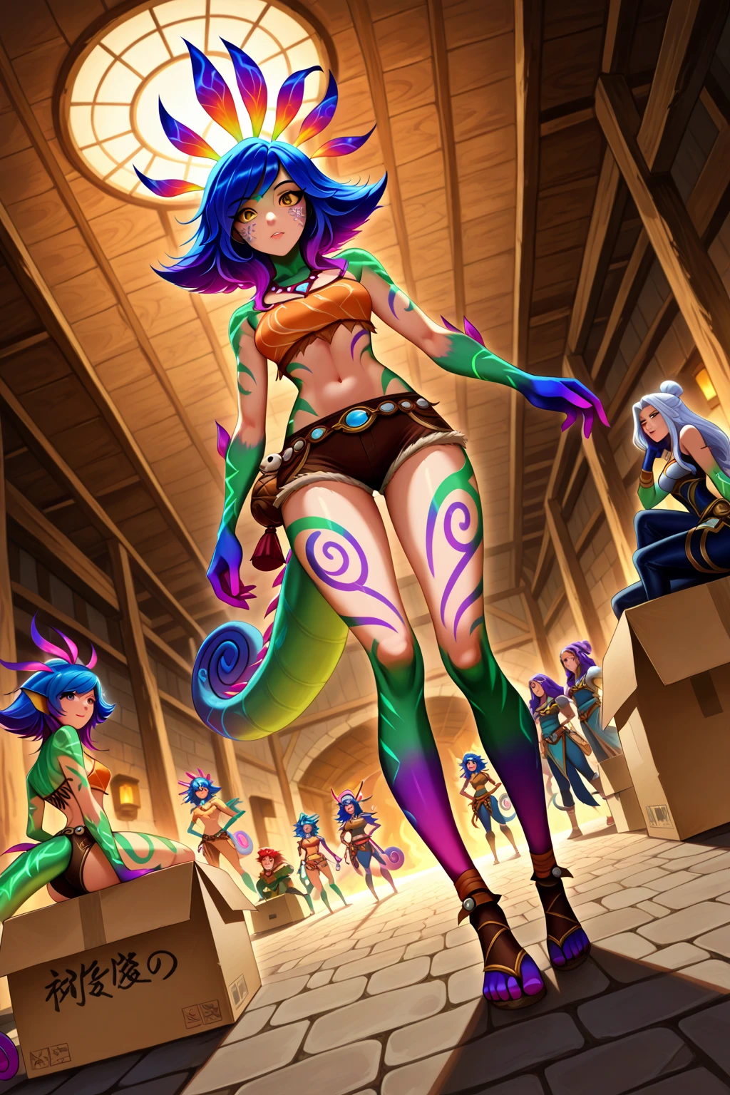 arvore estilo rayman legends, character estilo art rayman legends, girl and boy, corpo inteiro, ESTILO VIKING, acessórios gigantes,giant monster, big breats,Little bunny, (shorts),big breast, , sensuality, wizard