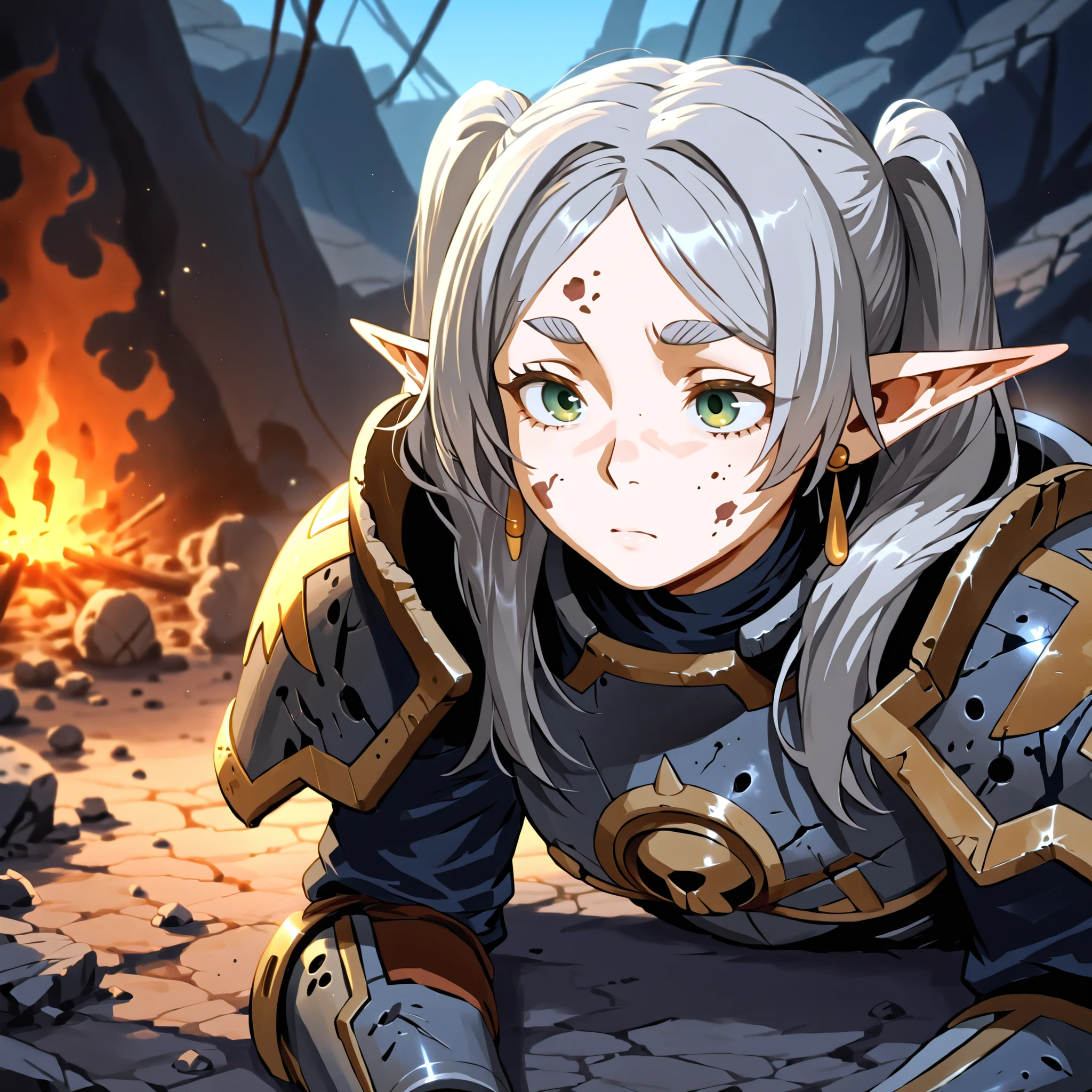 1 girl、Freelen、green eyes、gray hair:1.5、twin tails、thick eyebrows、pointed ears、earrings、Tired expression、sit on the ground、rest、bonfire、My face and body are dirty、mechanical armor、World of Warhammer、rubble、Ruined Scenery、war、masterpiece、top quality、