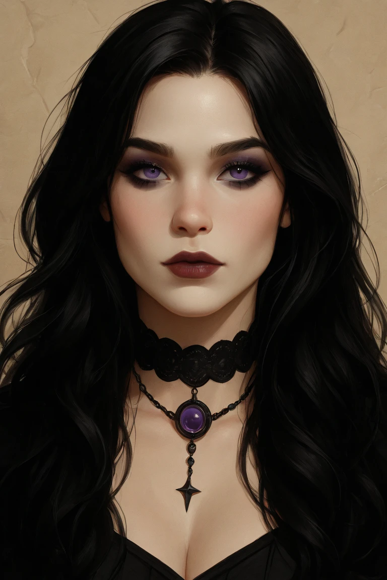 Portrait, beautiful goth model with black hair and a tight black dress, using black magic, hourglass figure, symmetrical figure, highly detailed face, beautiful face, mesmerizing blue eyes, lush lips, black lipstick, yearning, wanting a kiss, alluring, stunning digital illustration, cosmic fantasy background, beautiful digital artwork, magenta lighting, glossy digital painting, gorgeous digital art, 4k detailed digital art, beautiful digital illustration, 4k highly detailed digital art, beautiful digital art, realistic digital art 4k, realistic digital art 4k, airbrush digital art