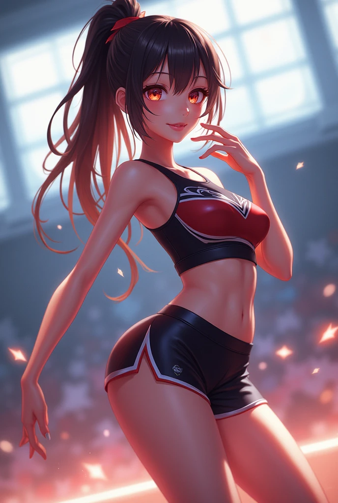 American shot, high quality, beautiful women with slim build, current cheerleader style, very young woman, symmetrical face and pretty eyes, wears a very short miniskirt half the normal length without underwear, sports top exposed in the center, open legs with thigh high stockings, intricate details, left rear sun lighting, rear side view