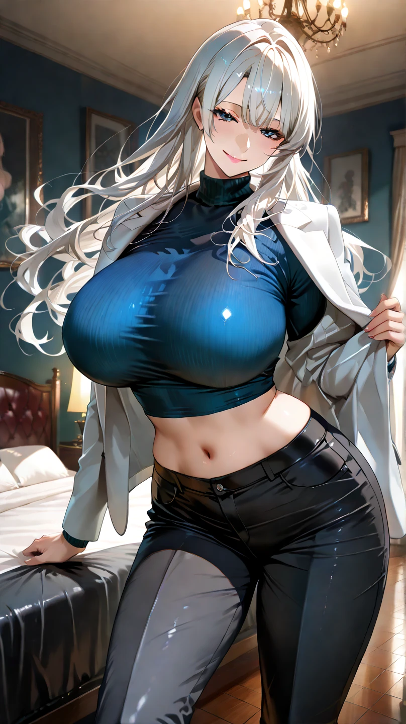 (masterpiece, best quality:1.2), <lora:cellsatwork_whitebloodcell-09:1>, cowboy shot, solo, 1girl, white blood cell, colored skin, white skin, expressionless, looking at viewer, white hair, hair over one eye, baseball cap, black eyes, white uniform, unbuttoned, white pants, cleavage