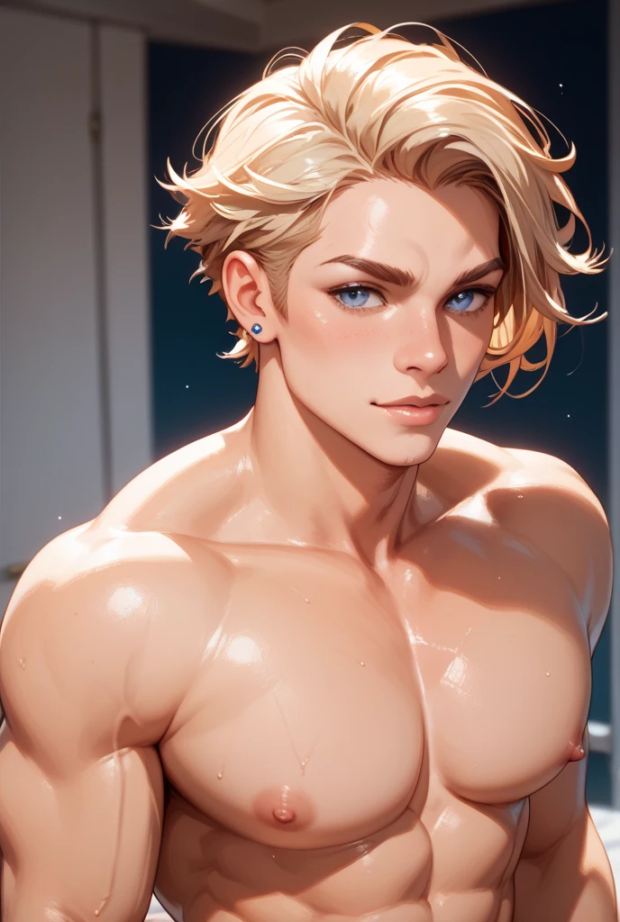 high quality, detailed, Realistic,(2boys:1.2), (17 years old tanned idol boys), (detailed blue eyes), (blond short hair), (abs), (tanned dark brown skin), night palace bedroom, (black tiny thong), (bulge), (detailed nipples), detailed areola,best quality,4k,8k,highres,masterpiece:1.2),ultra-detailed,(realistic,photorealistic,photo-realistic:1.37), looking at viewer,smirk,face close up, --no watch,