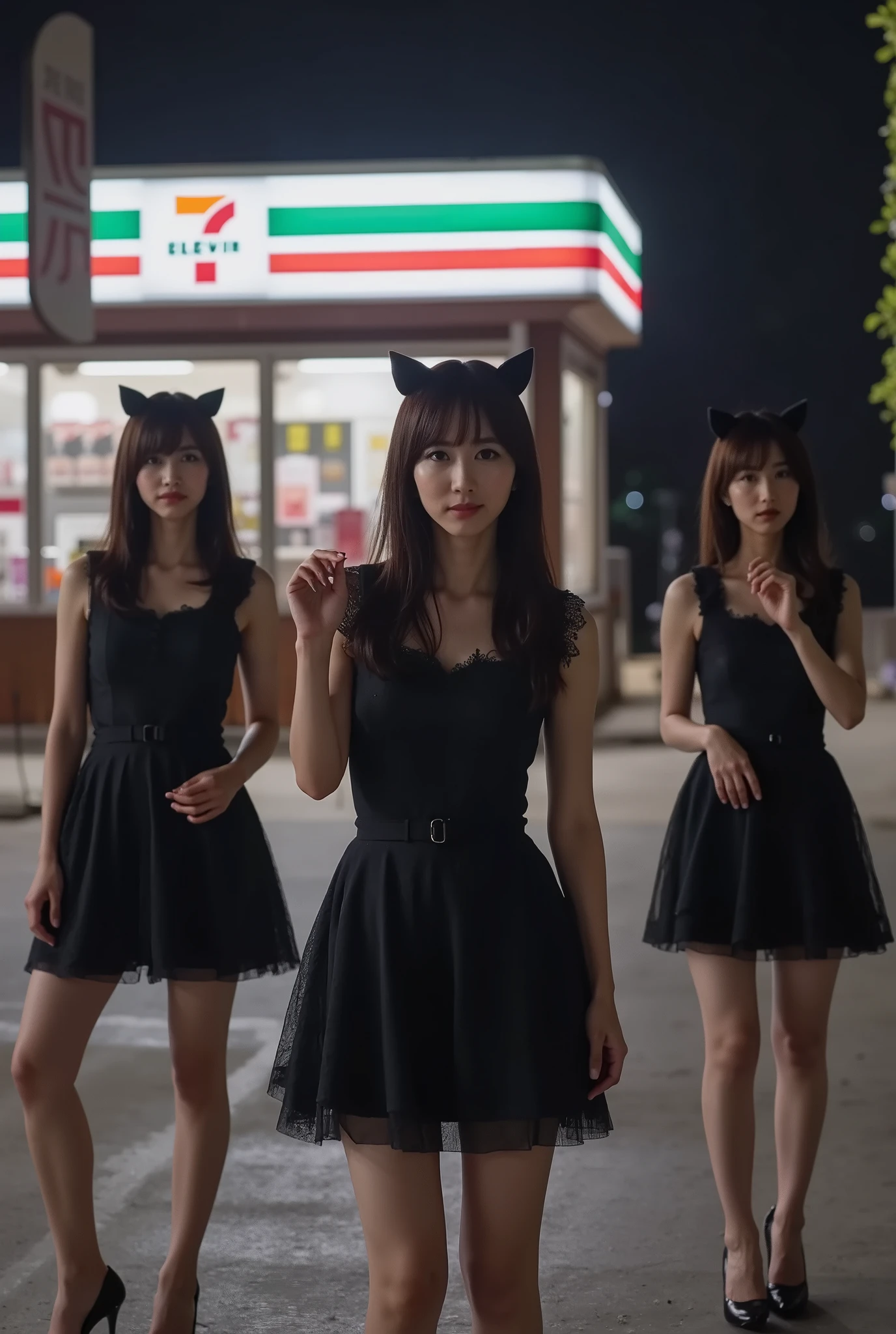 A breathtaking portrait of a Japanese female idol group, dressed in their signature costumes with playful cat ears. Their slender silhouettes radiate elegance as they perform in a dramatic PV scene. The backdrop is a midnight-lit 7-Eleven, its neon glow casting cinematic highlights and deep shadows. The iconic **7-Eleven logo** stands illuminated, adding a distinct urban atmosphere to the composition. The lighting is intense and theatrical, emphasizing their expressive features and the mystique of the moment. The contrast between the glowing signage and the dark surroundings enhances the surreal, dreamlike quality of the scene.