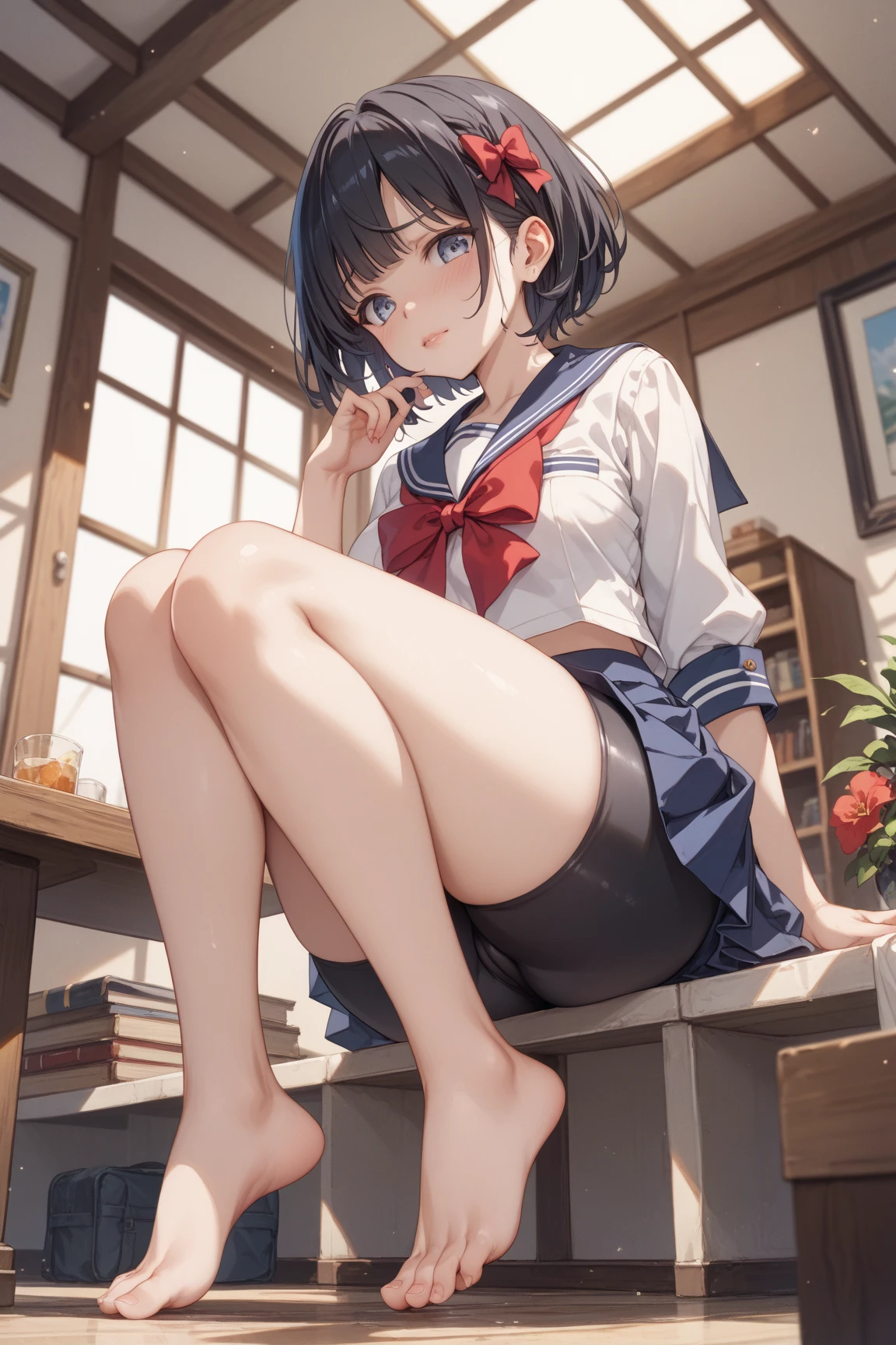 ((masterpiece)), (top-quality), (detaileds), (1 rapariga), (Panchira:1.2), It's a sitting bench, pink sailor suit,, (a closed mouth:1.2), irate,Big breasts、Show underwear、Disgusting face、The wind twists the skirt、Exposure of underwear、Spread legs,deep in the night,Red underwear,Candlelit underwear,