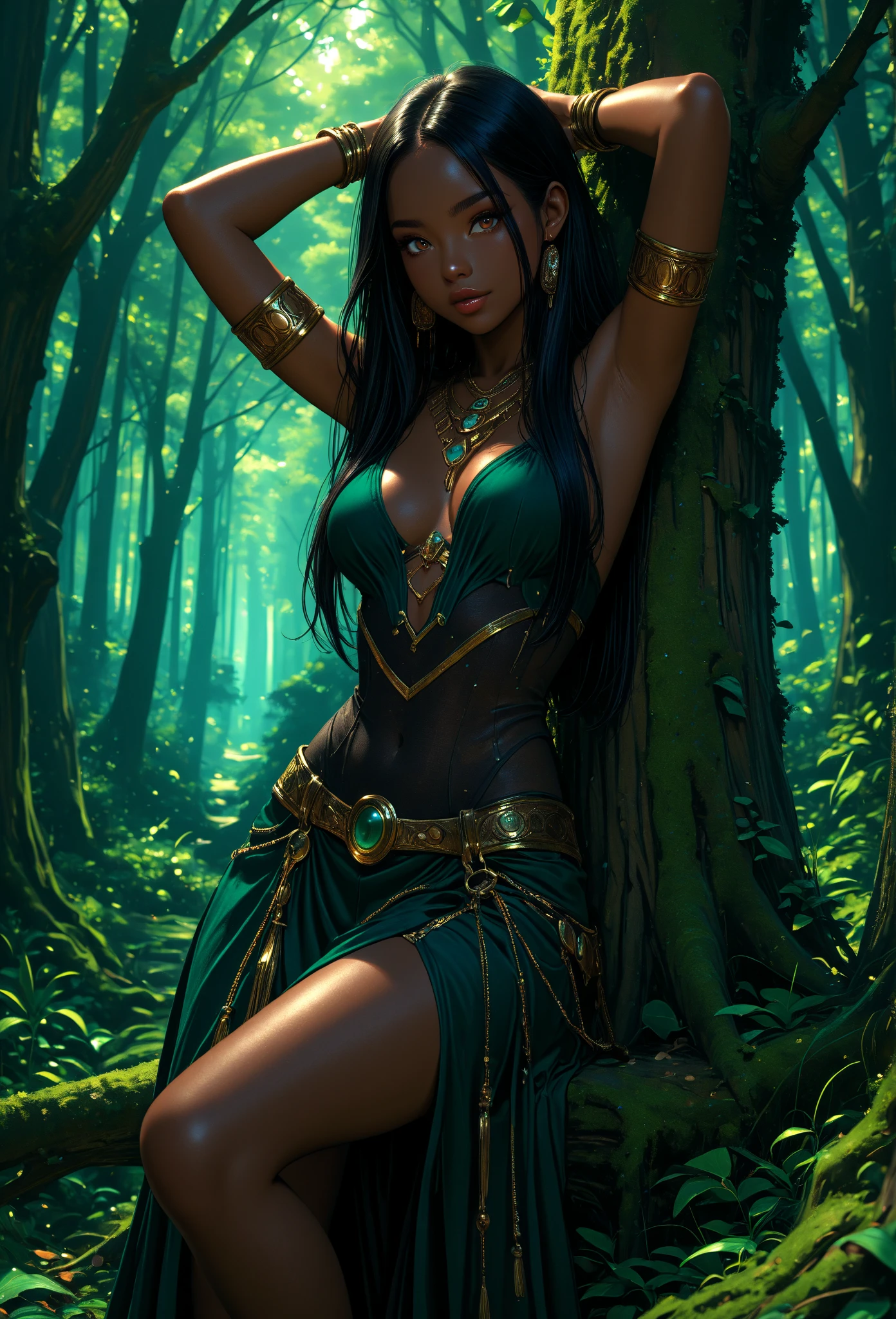 Jungle like environment. A young African-American Woman with a deep, rich brown skin tone. She short has leaf green curly hair & is wearing a form-fitting bodysuit with a deep neckline, exposing much of her chest area & slightly revealing mythic flowing Black-Purple-Green cloak with Golden Floral designs. She has Serious yet gentle gaze in her heterochrome eyes, with One eye being a deep green and the other being a light gold. She has long crystal blue antlers radiating Floral energy & a set of quaint elven ears. She has a small cute nose She is seen in a battle stance radiating a floral energy