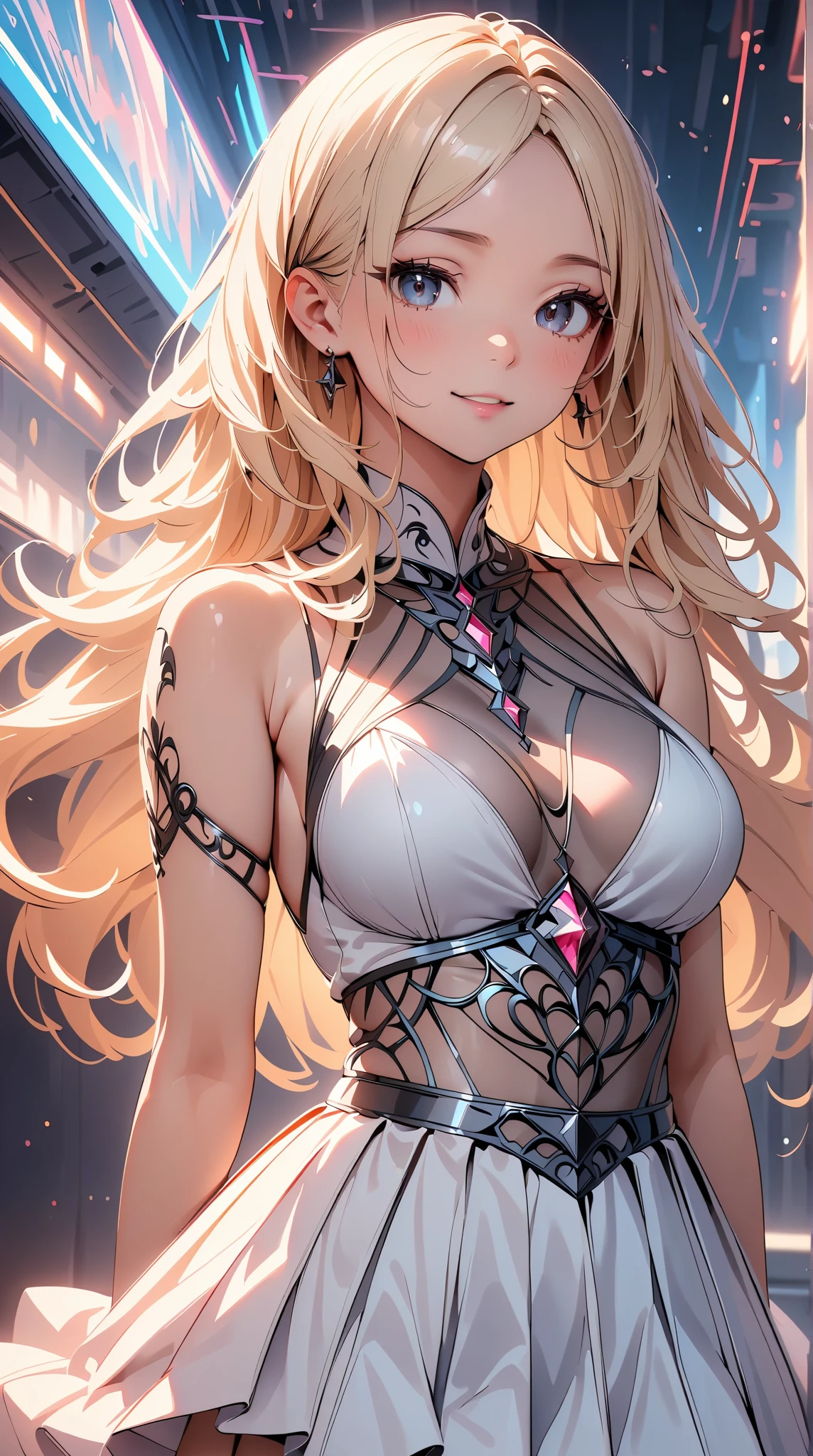 ((a photorealistic glamour shot of an exquisite, glamour mecha female vampire: 1.5)), ((full body: 1.3)), ultra feminine, pale face, golden hair, long vibrant shiny hair, glamorous hair,  red eyes, miniatures mechanical , deep penetrating eyes, red lips, lustful lips, ((two visible vampiric fangs: 1.5), drops of blood dripping from the mouth, ((cyberpunk style: 1.5)), she wears (white elegant glamour dress, with small delicate mechanical parts: 1.4), digital parts,  intricate details, the dress is studded with diamonds, tight suit, dynamic color, high heels, cyberpunk street at night background, (highest quality:1.2, Very detailed, up to date, Vibrant, Ultra-high resolution, High Contrast, masterpiece:1.2, highest quality, Best aesthetics), best details, best quality, highres, ultra wide angle, 16k, [ultra detailed], masterpiece, best quality, (extremely detailed), Genetically modified..., Cinematic Hollywood Film, nijimecha, aetherpunkai