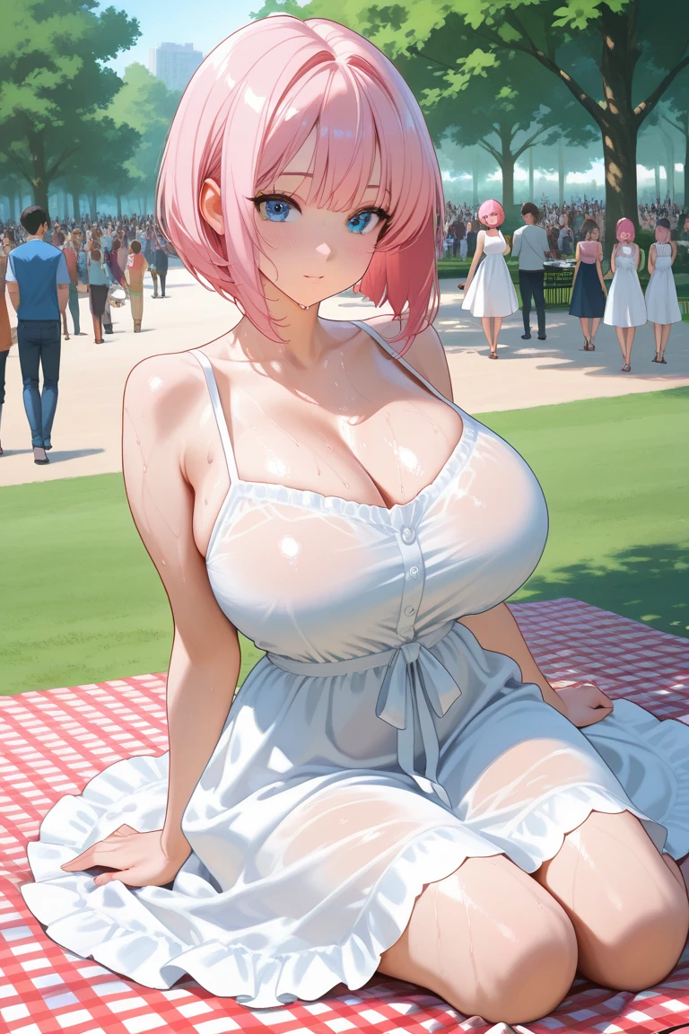 ((anime:)),,((best quality)), ((highly detailed)),((sketch)) extremely detailed face, beautiful face,((1girl)),((solo)),shiny skin,(full body:), yui five star,((hair ornaments:1.15)),((hair band:1.15)),((pink hair)),((hanging breasts:1.15)), (huge breasts:1.05),(thick thighs),(curvy),nipples,(big nipples:1.15),large areolae,(((nude:1.45))),(((pussy:1.25))),((nose blush:1.45)),,,(bad mood:),open mouth,,(looking at viewer:1.25),BREAK ((park ,bench:1.35)),((sit on bench:1.35)),((sitting:1.35))outdoors,((spread legs:)),BREAK ((white thigh boots)),BREAK ((thighhighs:1.15)),(( white footwear))