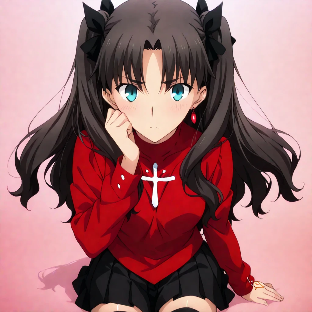 masterpiece, best quality, very aesthetic, absurdres,
tohsaka_rin, fate/stay_night, fate_(series), 1girl, aqua_eyes, black_hair, two_side_up, long_hair, cross_print,red_sweater,turtleneck_sweater, black_skirt, miniskirt, pleated_skirt, black_thighhighs,zettai_ryouiki,