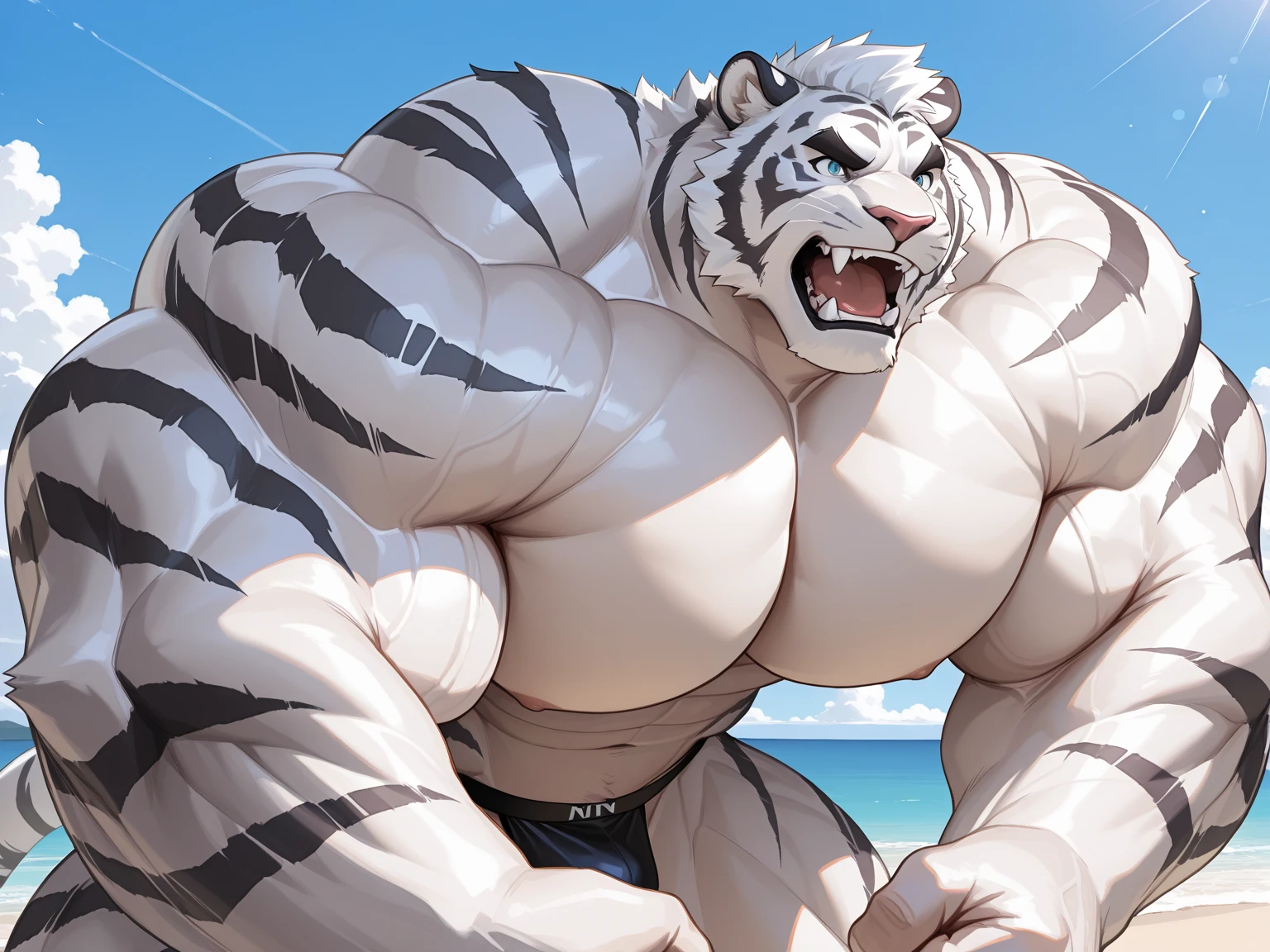 masterpiece,best quality,Beach，ocean，Sunlight，Male focus，Tiger-type orcs，(sports:1.5), (White fur,Black eyebrows:1.5), Agate Eye,Black Nose，Five fingers，Strong body，Pectoralis major，Eight-pack abs，Exposes the pectorals and abs，Transparent swimsuit，Stripe symmetry