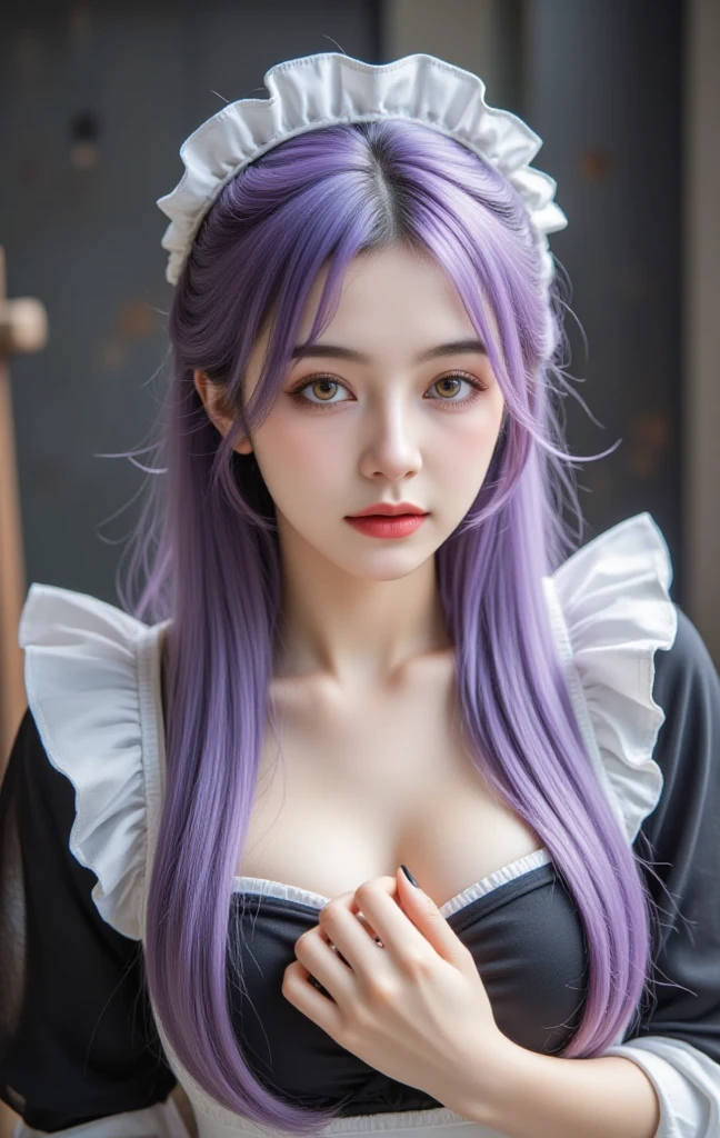 best quality,masterpiece,extremely detailed,high res,4k,ultra high res,detailed shadow,ultra realistic,realistic,dramatic lighting,1girl,solo,detailed face,realistic eyes,realistic skin,white dress,purple hair,half body, stand up, dynamic pose, white lace dress