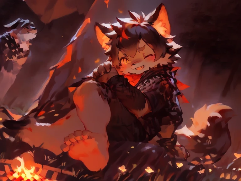 (ambiente dark:0.8),masterpiece,high quality,abstract res,digital painting\(artwork\), by dagasi, yupa,kiyosan,(anthro,fluffy fur,character focus:1.1),anthro male cat,short hair,portrait , eyes with brightness, in a panoramic view, Character focus.(detailedbackground:0.7), 独奏, shaggy, shaggy male, malefocus, anthr,(Full Body Furry, Fluffy tail,White fur all over, red color eyes, Gray hair:1.2), (long canines、Vampires,Lying on the lawn under the stars,Body figure woman,The intestines are dug out,The face shows a pained expression