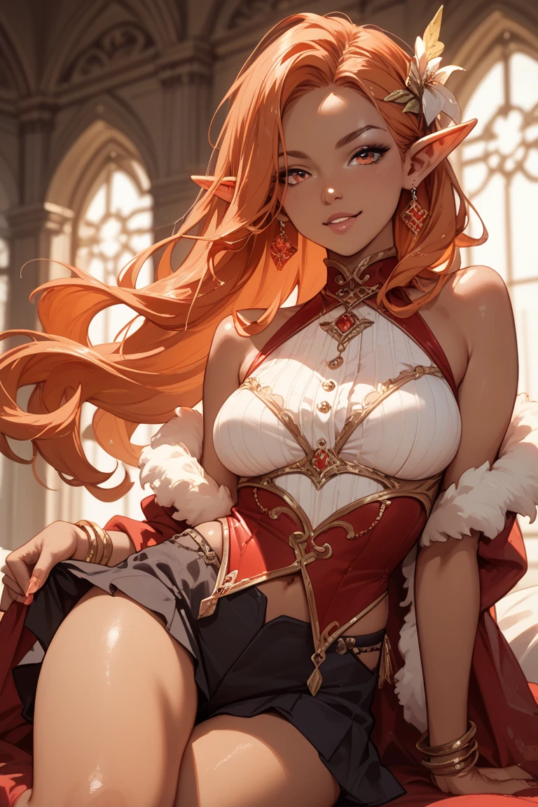 Elfiya,big breasts,Large thighs,bare chest,smile,braids,Red hair,blush,Dress,hd quality,Anime