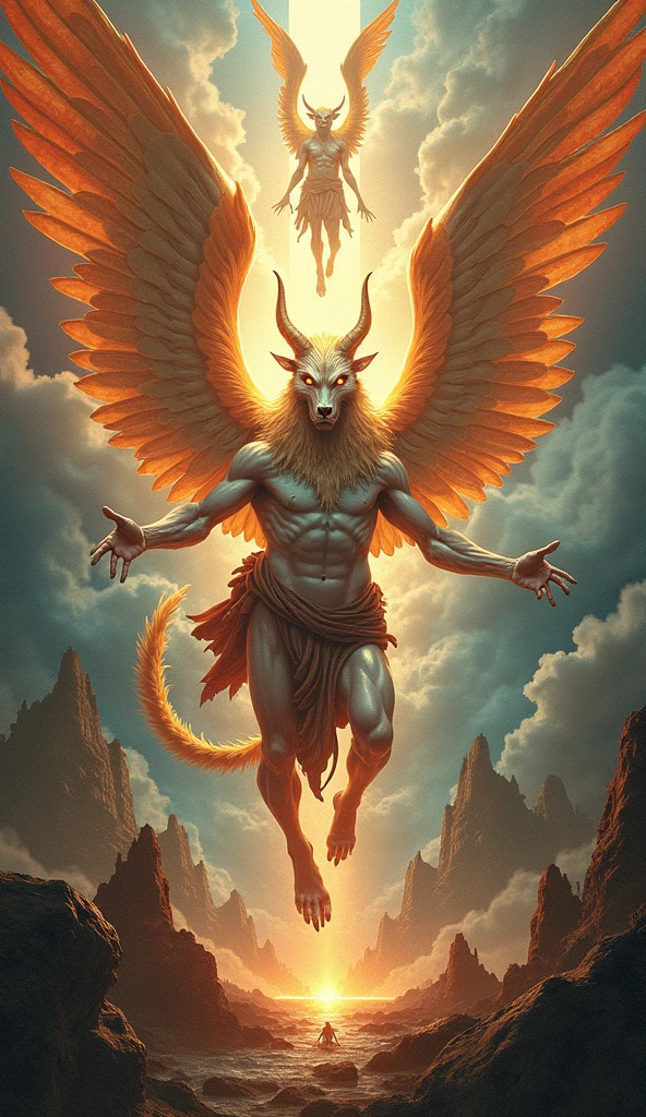 The Cherubim, segundo a visão que Deus deu a Ezekiel, referred to in the Bible, is a spirit with 4 wings and 4 faces. The first bull face, the second of man, the third of a lion and the fourth of an eagle. Like this, They are just below God and their bodies are completely filled with eyes (Ezekiel, Chapter 10).