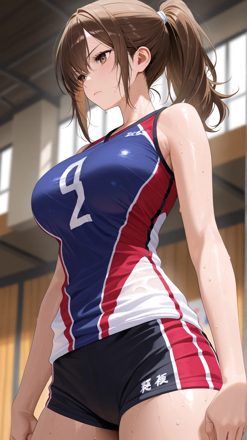 1girl, ultra high res, large chest, volleyball suit, thigh, ponytail, smile, tall, solo