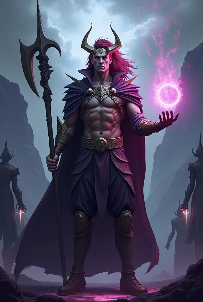 Dark-black skinned Tiefling male. One pearlescent eye and one yellow eye. Soft, solemn face. Ram’s horns are very short, curly, compact, and tightly-wound. Dual-wielding. First sword: golden, intricately carved, with red, glowing runes that are oozing black smoke. Second sword: an elegant, curved blade that’s magically glowing a cobalt blue. Can see his chest due to his sleeveless, buttonless, open, black jacket. Has a purple glowing forearm brace. Book holster on his belt that’s holding a malevolent tome