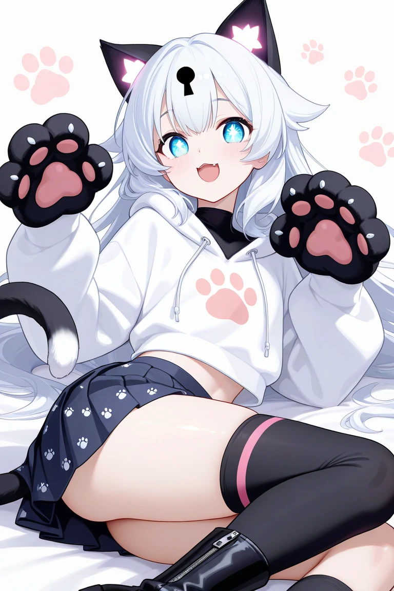 a cute adult male with wolf ears, white hair, has a wolf tail, wearing a loose cropped oversized black hoodie, wearing a pair of denim short shorts and fishnet stockings, thick thighs, wide hips, relaxing on mound of fluffy animal plushies, short, very slim, showing slender tummy, stretching out, heart on hoodie, squishy thighs, has glowing blue eyes. alone, solo (ALONE)(SOLO)