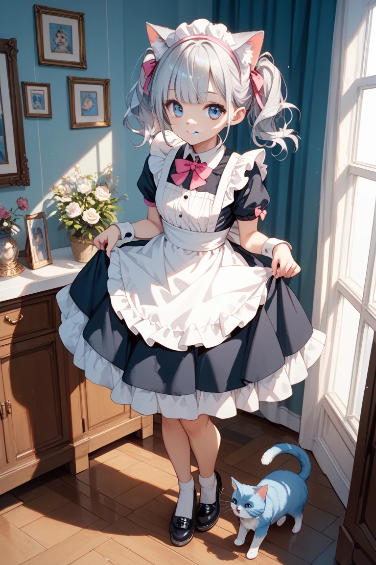 girl with、short-hair、Braids、Pastel blue hair、Pastel pink hair、Black maid clothes、Crying expression、