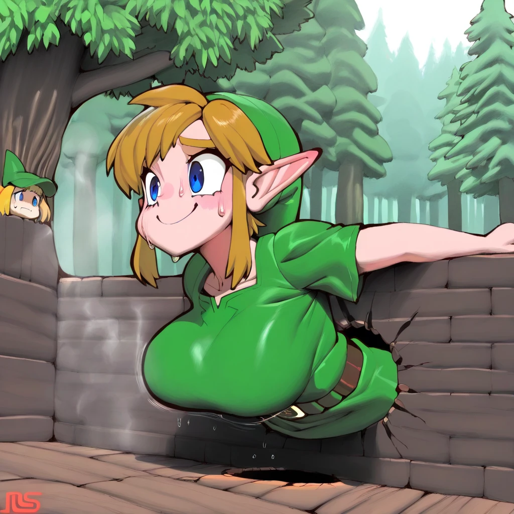 saria, kneeling, smile, red hair, naked, red hairband, doggystyle sex, shota-boy, white chickes, living room, on all fours, blonde boy, nipples, link, the legend of zelda, hat, medium breast