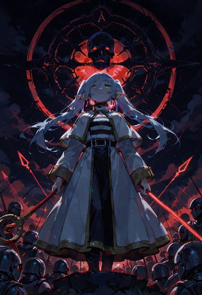 masterpiece, best quality, YkYi background, close-up, CyLm, sad style, God's punishment, magic curb chain, magic war, 1 damaged girl, solo, looking at viewer, the girl is a cyber witch, messy white hair, gold eyes, kermes Inus clothes, star background