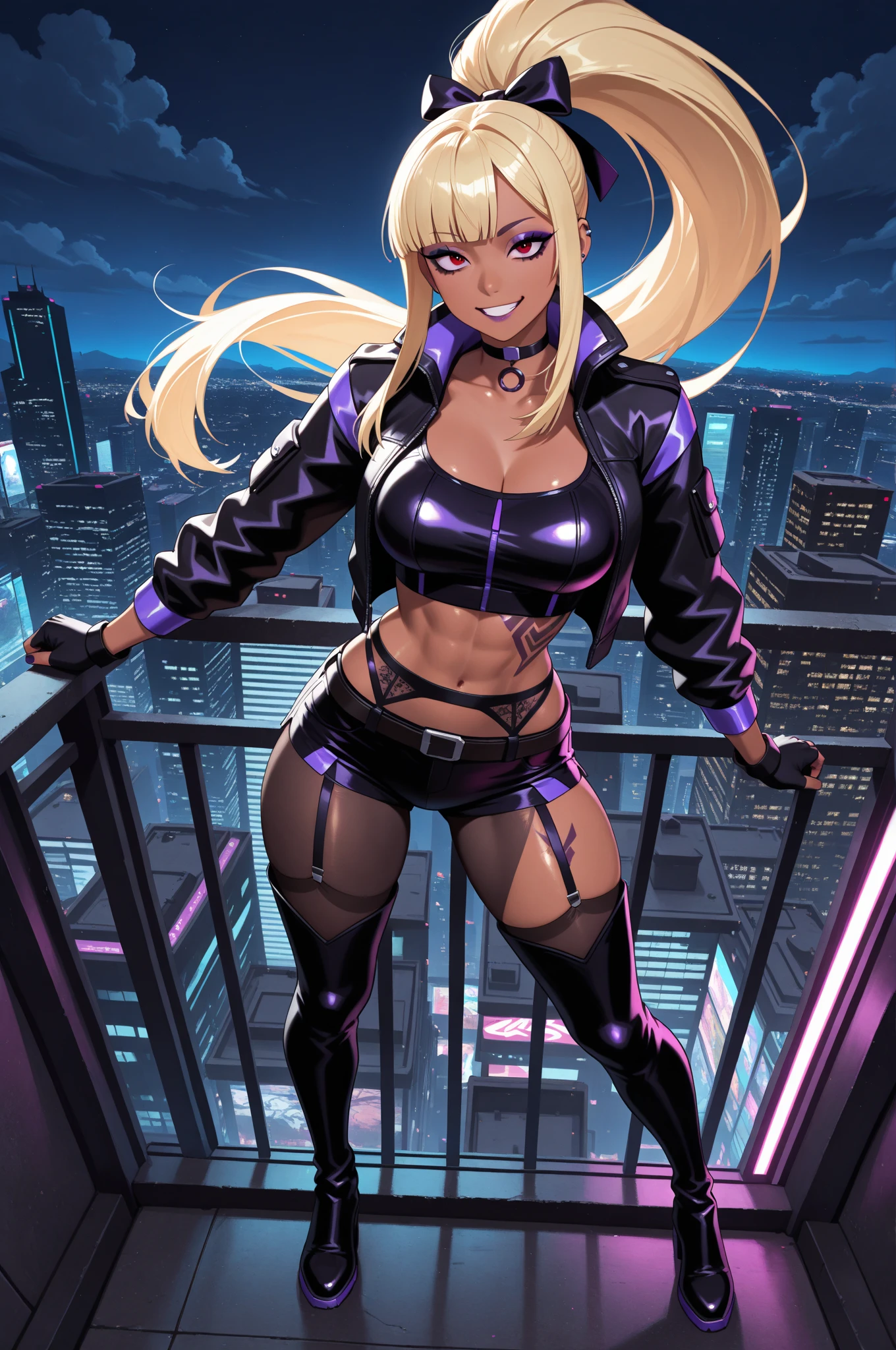 Maka, busty blonde woman with twintails, wearing a skimpy punk outfit, has an evil smile and a crazy face. She has tattoos all over her body, and her provocative attire matches her naughty and slutty personality. The night city serves as the backdrop, with its dazzling lights and vibrant atmosphere. Maka flaunts her belly piercing and wears a seductive collar, adding to her alluring appeal. The artwork should showcase the best quality, with ultra-detailed and realistic features. The colors should be vivid and the lighting should highlight Maka's wicked charm.