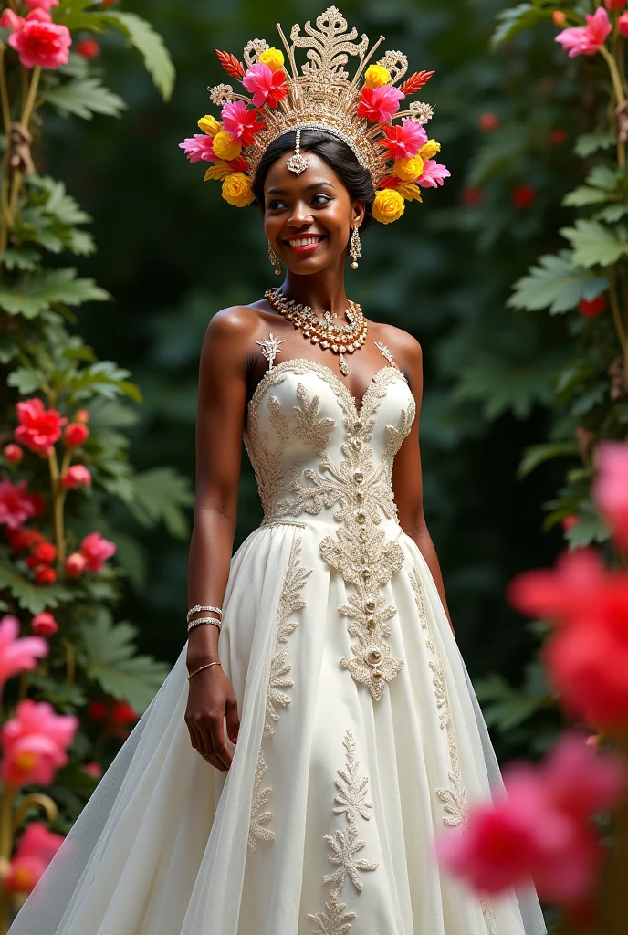 (medium full shot) of  (sexy bride) young woman, south african, dark eyes, dark skin, dark skin, light brown eyes, Medium, medium red dreadlocks hair,  wearing Brocade bustier with gold lace trim, satin draped skirt with brocade detail, jeweled crown, satin platform heels, wedding veil with lace, heirloom brooch, holding a bouquet of tropical bouquet of orchids and hibiscus blooms, set in  Castle Garden, Enchanted garden with fairy lights twinkling in the trees, whimsical sculptures peeking from behind foliage, a winding path leading to a hidden alcove, cozy hammocks swaying gently in the breeze , at sunset, surprised, open mouth, pointing her finger at the viewer, Masterpiece,best quality, photorealistic, amazing quality, very aesthetic, extremely detailed face,