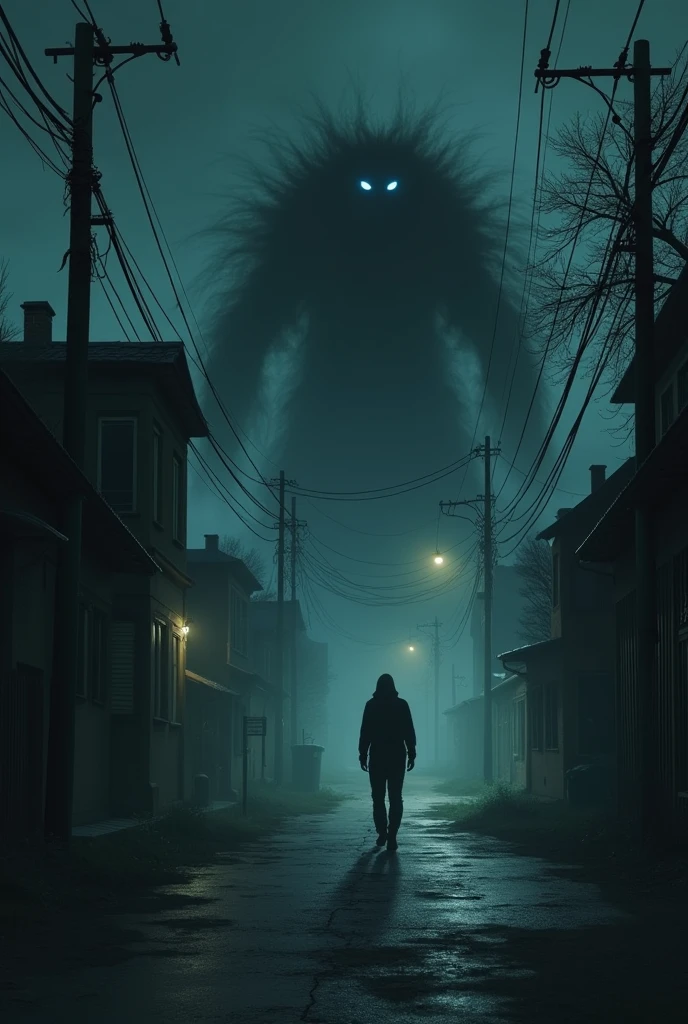 a dark evil shadow attacking a man on a city street sidewalk on a foggy night