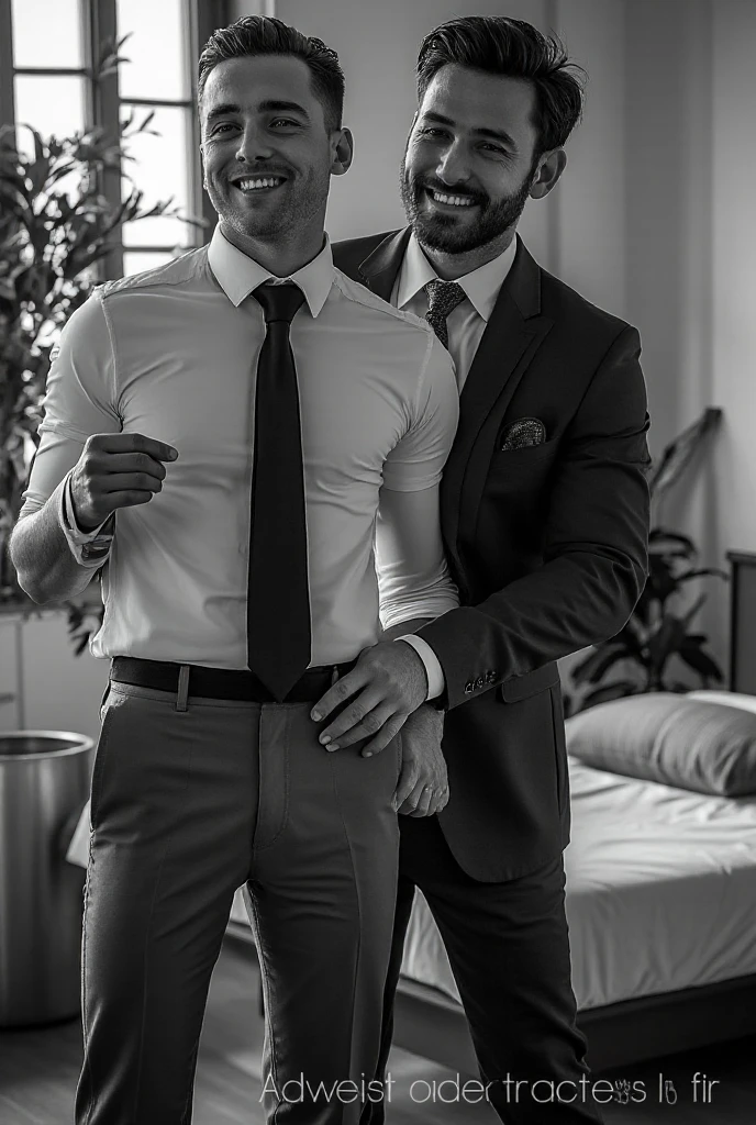 Two muscular hunk men with short hair getting dressed in vintage lingerie, stockings, very high heels ,big padded bra