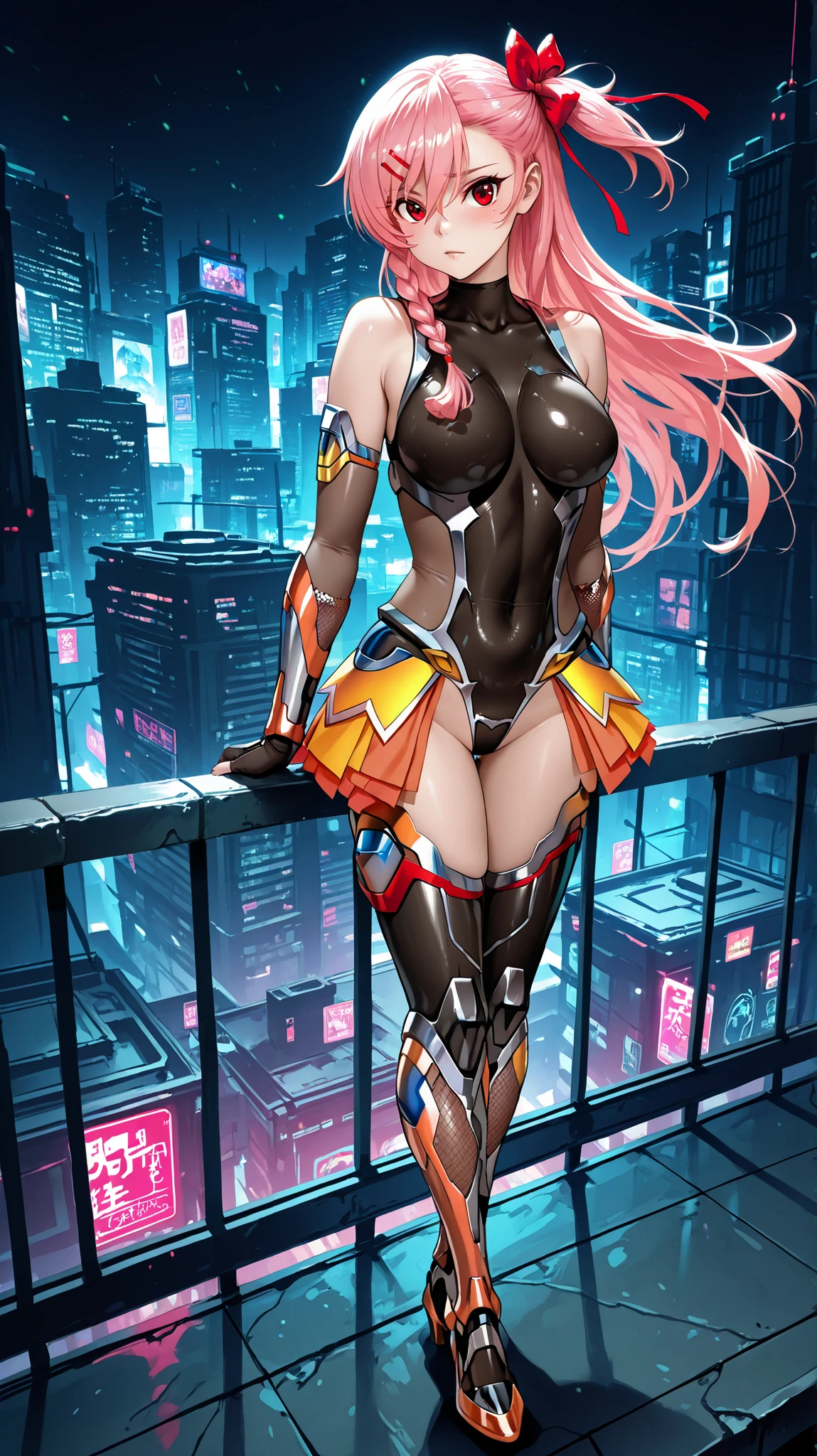(igawa sakura), (taimanin suit), front, 1girl, masterpiece, sketch_style, manga_style, in cyberpunk city, standing on roof, full body , looking at viewer, 1girl,bow,braid,hair bow,hair ornament,hairclip,long hair,negev_default,pink hair,red bow,red eyes,ribbon,one side up,hair ribbon,bangs,hair between eyes,breasts