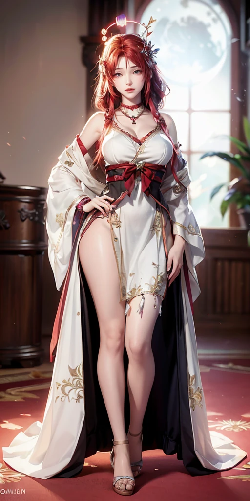 realistic, 1 women, best quality, 12k, HD, long hair, big round breasts, cleavage, ponytail, necklace, jewelry, shorts, short jacket, slim hips, hair tie, yellow eyes, black hair, super detailed, Eye details, hair details, person details, mouth details, face details, breast details, clothes details, hair details, pants details, hand details, whole body